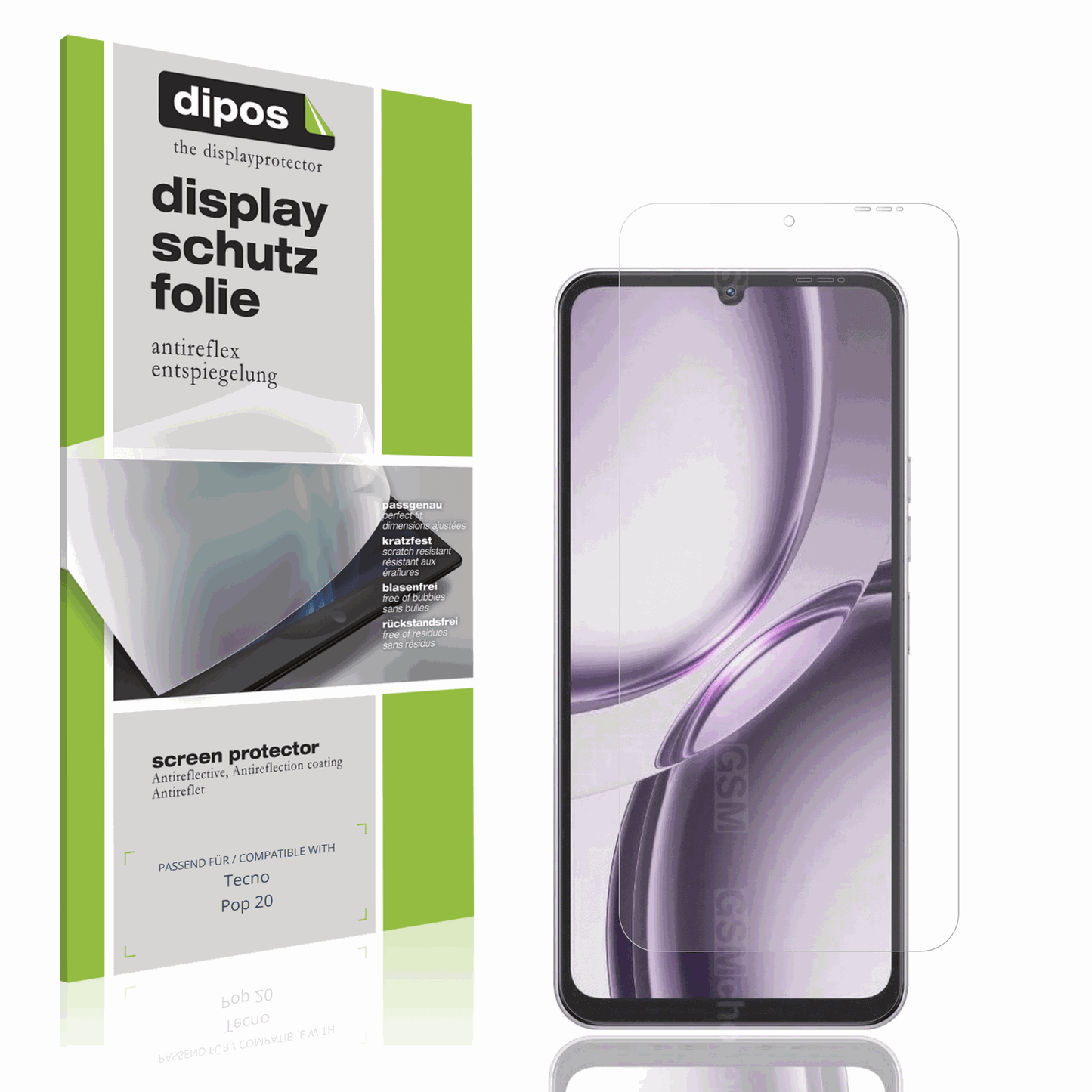Matte Displayschutzfolie von dipos passend für Tecno Pop 20, präziser Zuschnitt und blasenfrei montiert