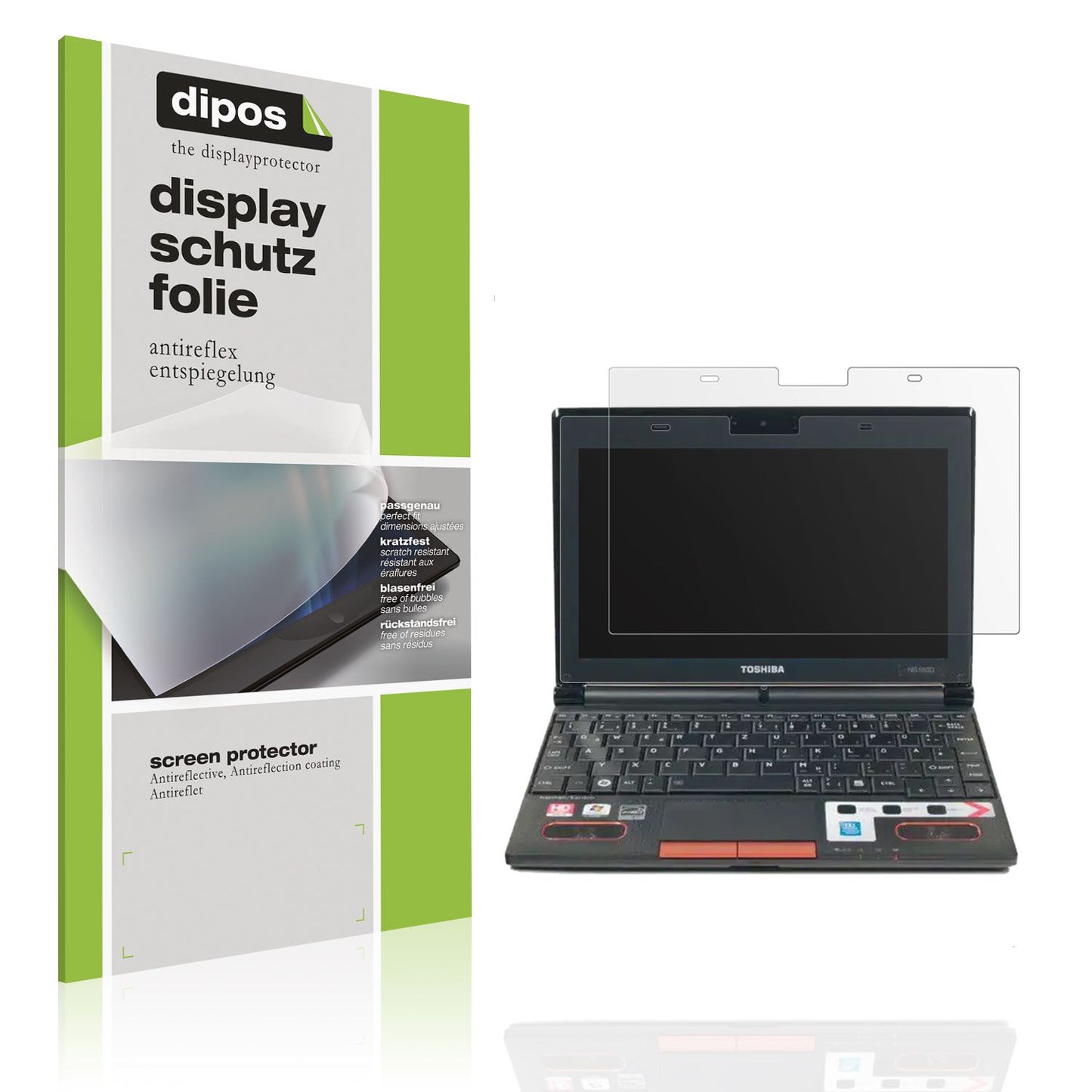 Matte Displayschutzfolie von dipos passend für Toshiba NB550D 10 Zoll, präziser Zuschnitt und blasenfrei montiert