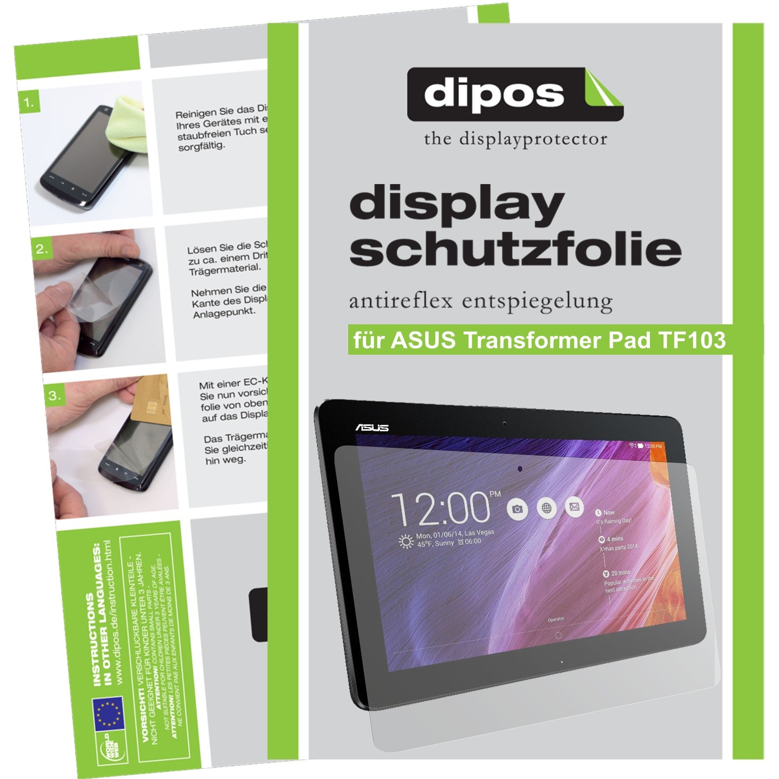 Matte Displayschutzfolie von dipos passend für Transformer Pad TF103C 10,1 Zoll ASUS, präziser Zuschnitt und blasenfrei montiert