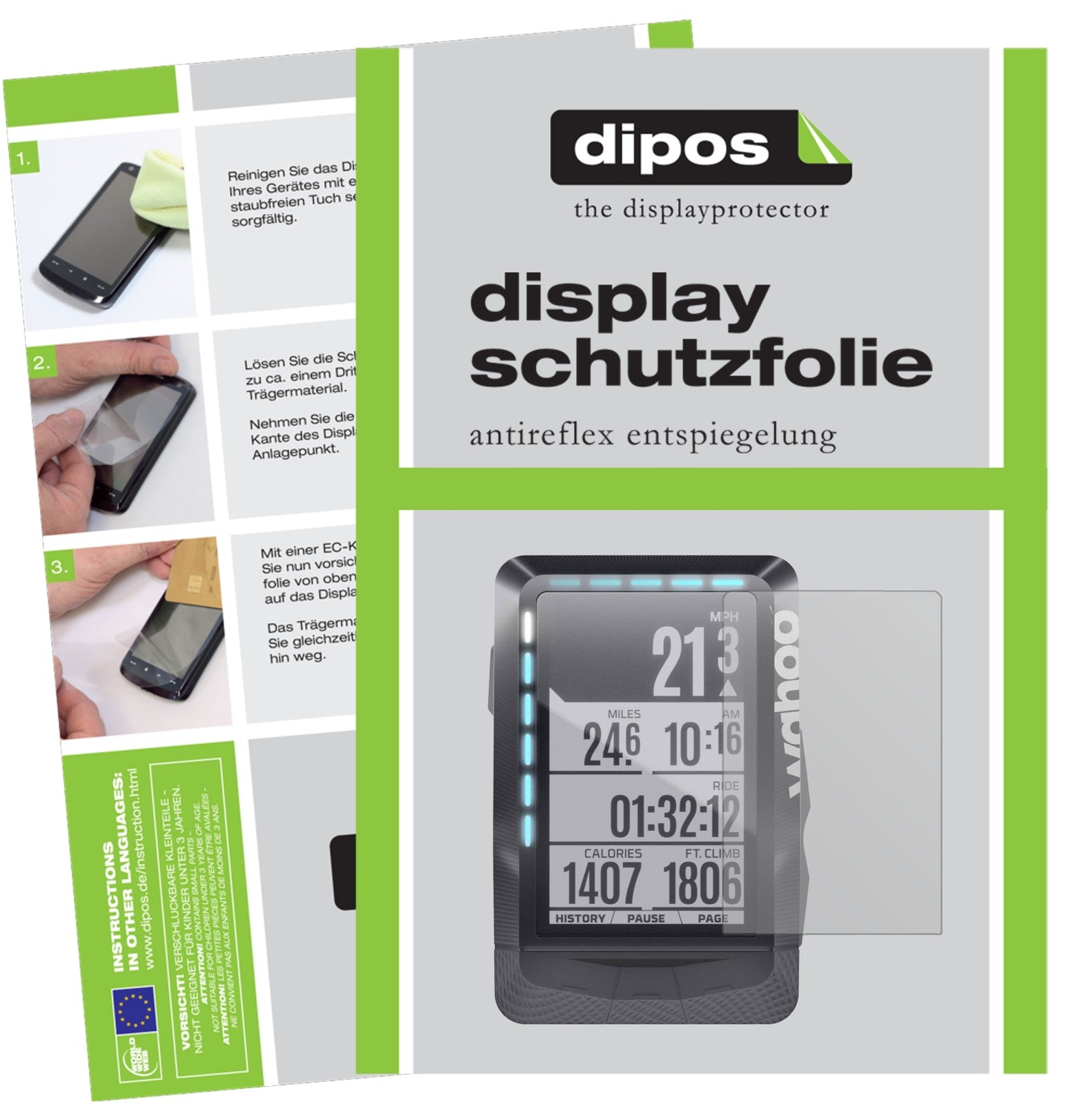 Matte Displayschutzfolie von dipos passend für Wahoo Elemnt GPS, präziser Zuschnitt und blasenfrei montiert