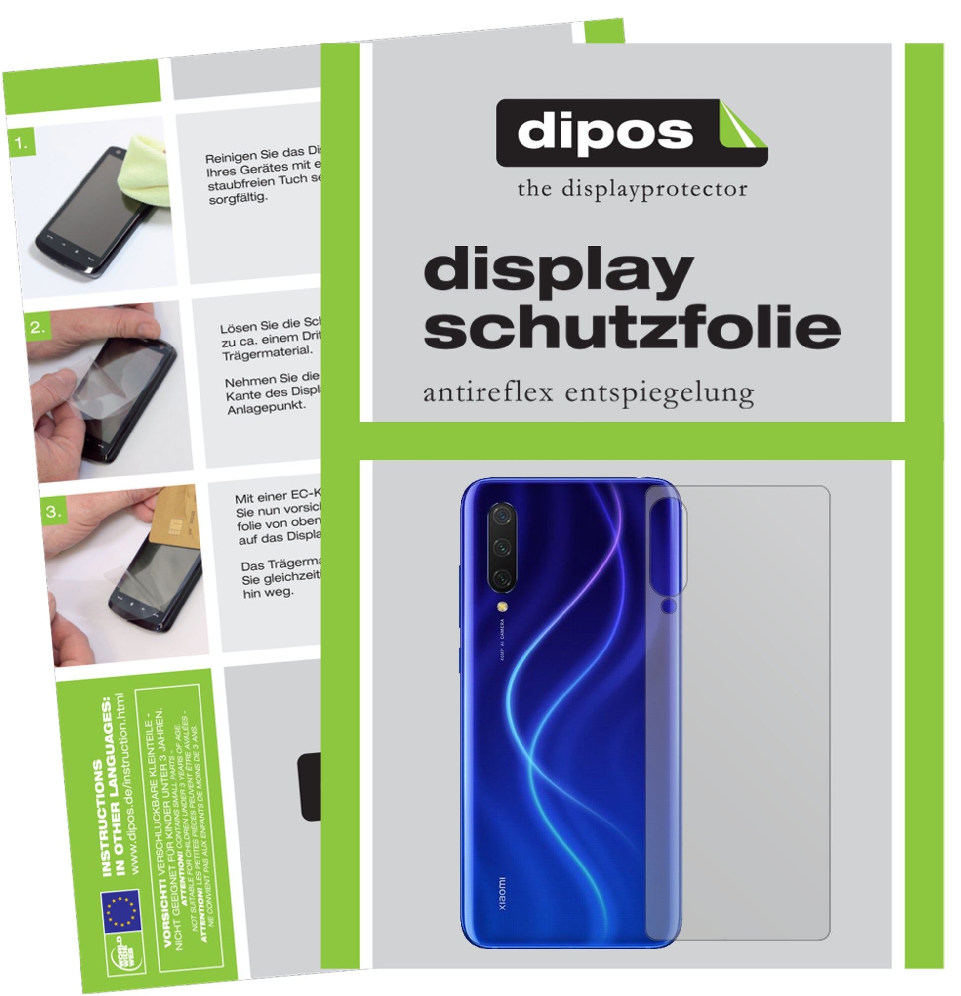 Matte Displayschutzfolie von dipos passend für Xiaomi Mi 9 Lite Rückseite, präziser Zuschnitt und blasenfrei montiert