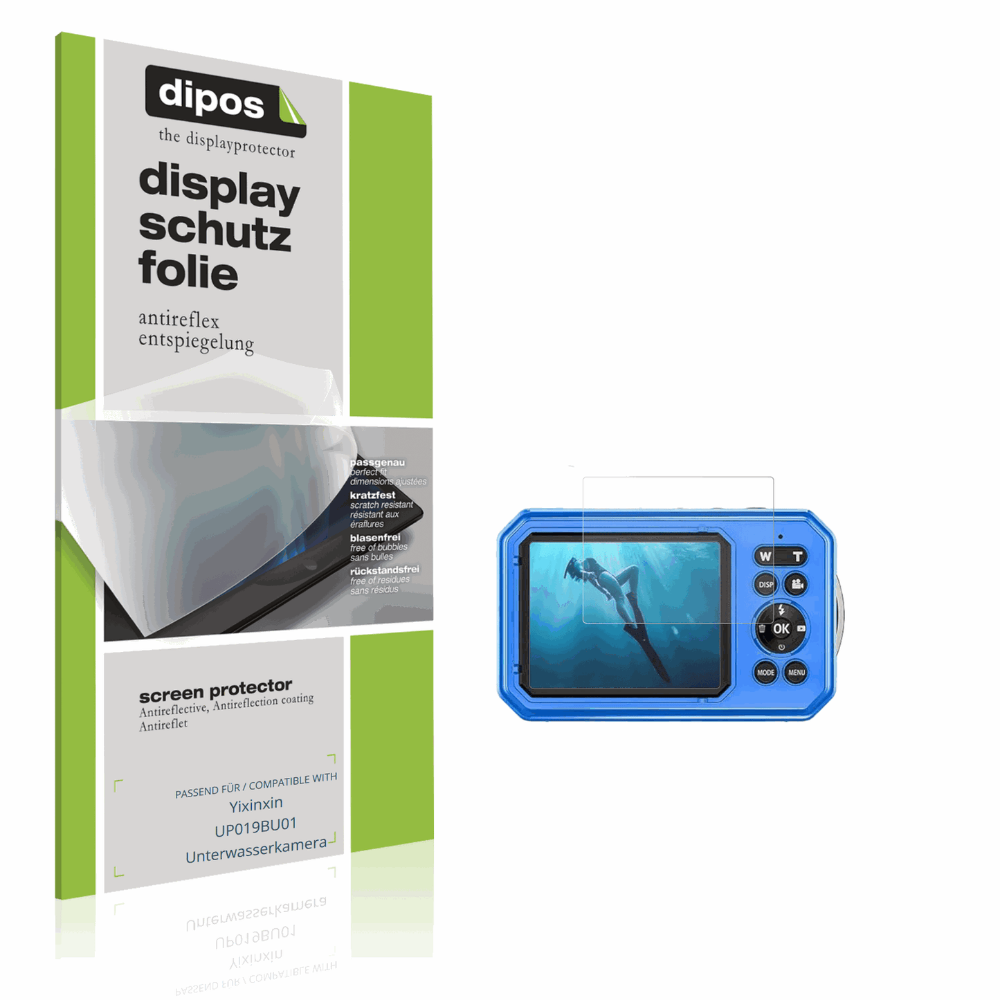Matte Displayschutzfolie von dipos passend für Yixinxin UP019BU01 Unterwasserkamera, präziser Zuschnitt und blasenfrei montiert