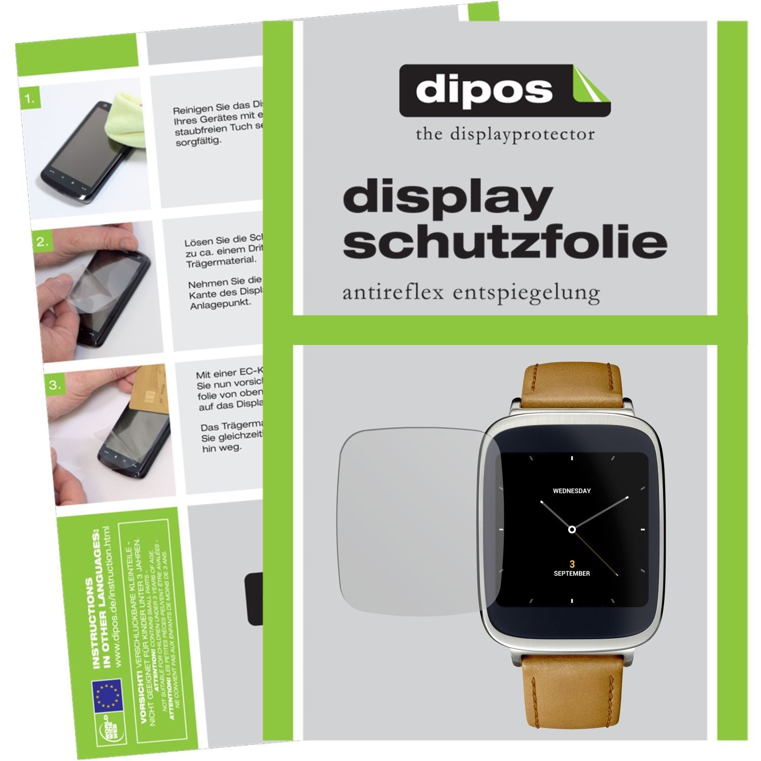 Matte Displayschutzfolie von dipos passend für ZenWatch Asus, präziser Zuschnitt und blasenfrei montiert