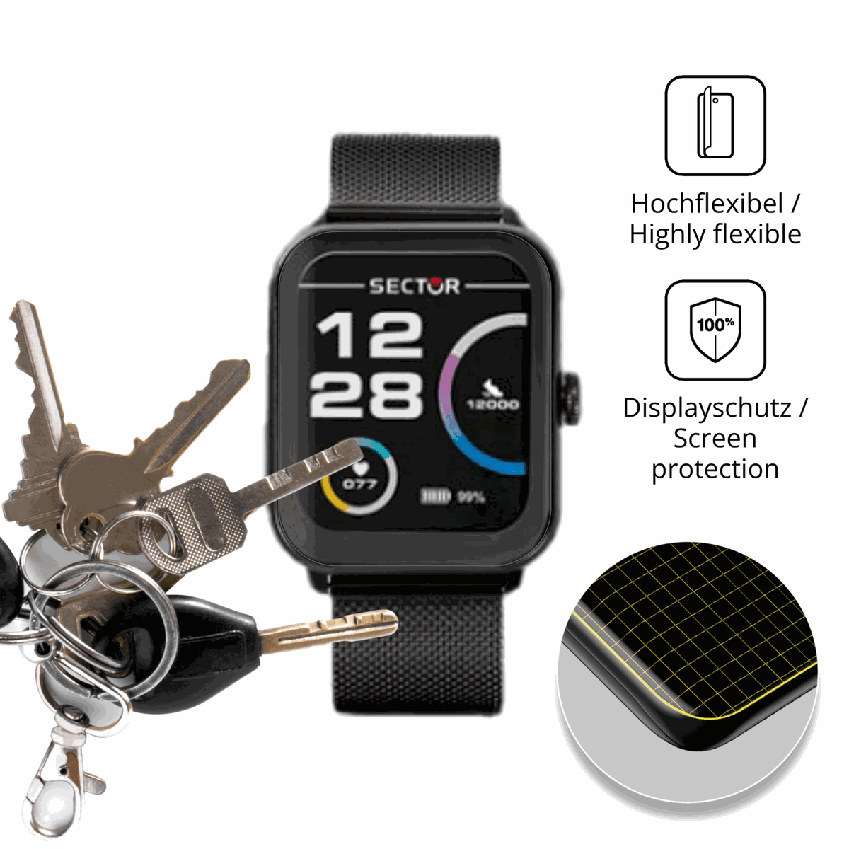 dipos Displayschutz f�r Sector Smartwatch S-08, transparente Oberfl�che, geringe Dicke und perfekte Passform