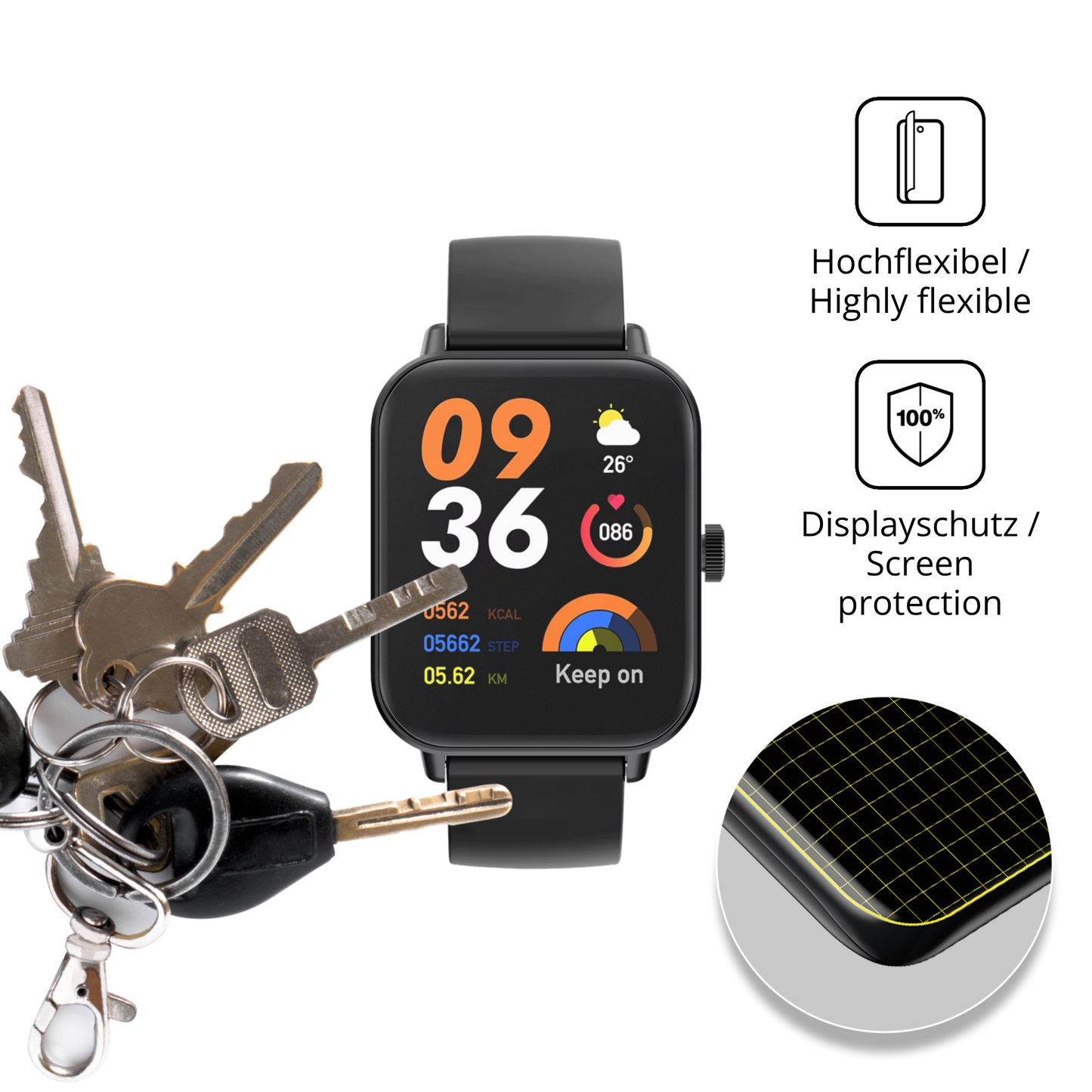 dipos Displayschutz für Sector Smartwatch S-07, transparente Oberfläche, perfekte Passform auch für die Rundungen