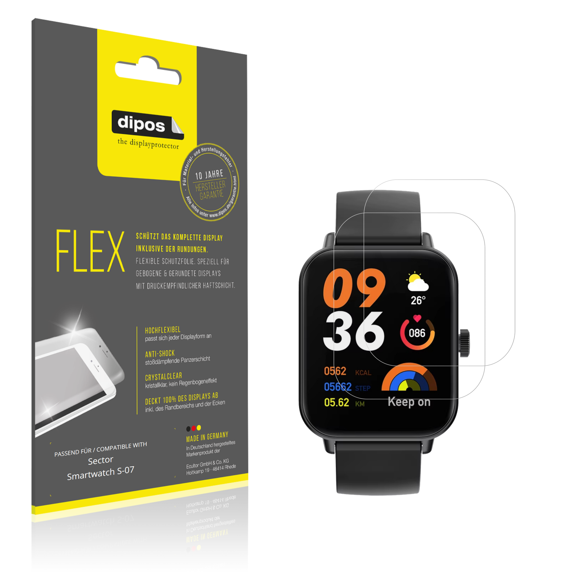 Klare Displayschutzfolie von dipos passend für Sector Smartwatch S-07, 100% Displayabdeckung und blasenfreie Montage
