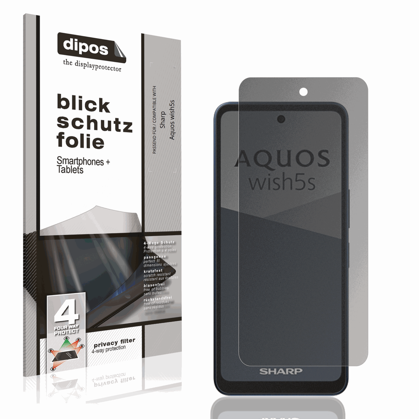 Blickschutzfolie von dipos passend für Sharp Aquos wish5s, präziser Zuschnitt und blasenfrei montiert