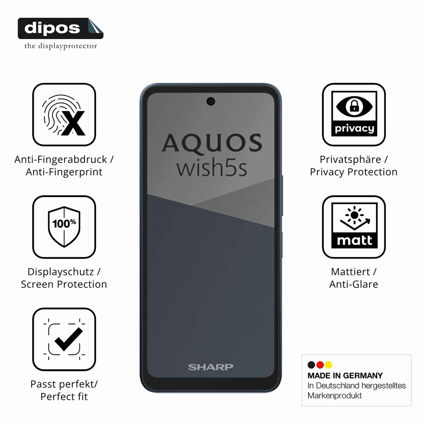 Privatsphäre-Schutz durch Sichtschutz-Folie passend zugeschnitten für Sharp Aquos wish5s
