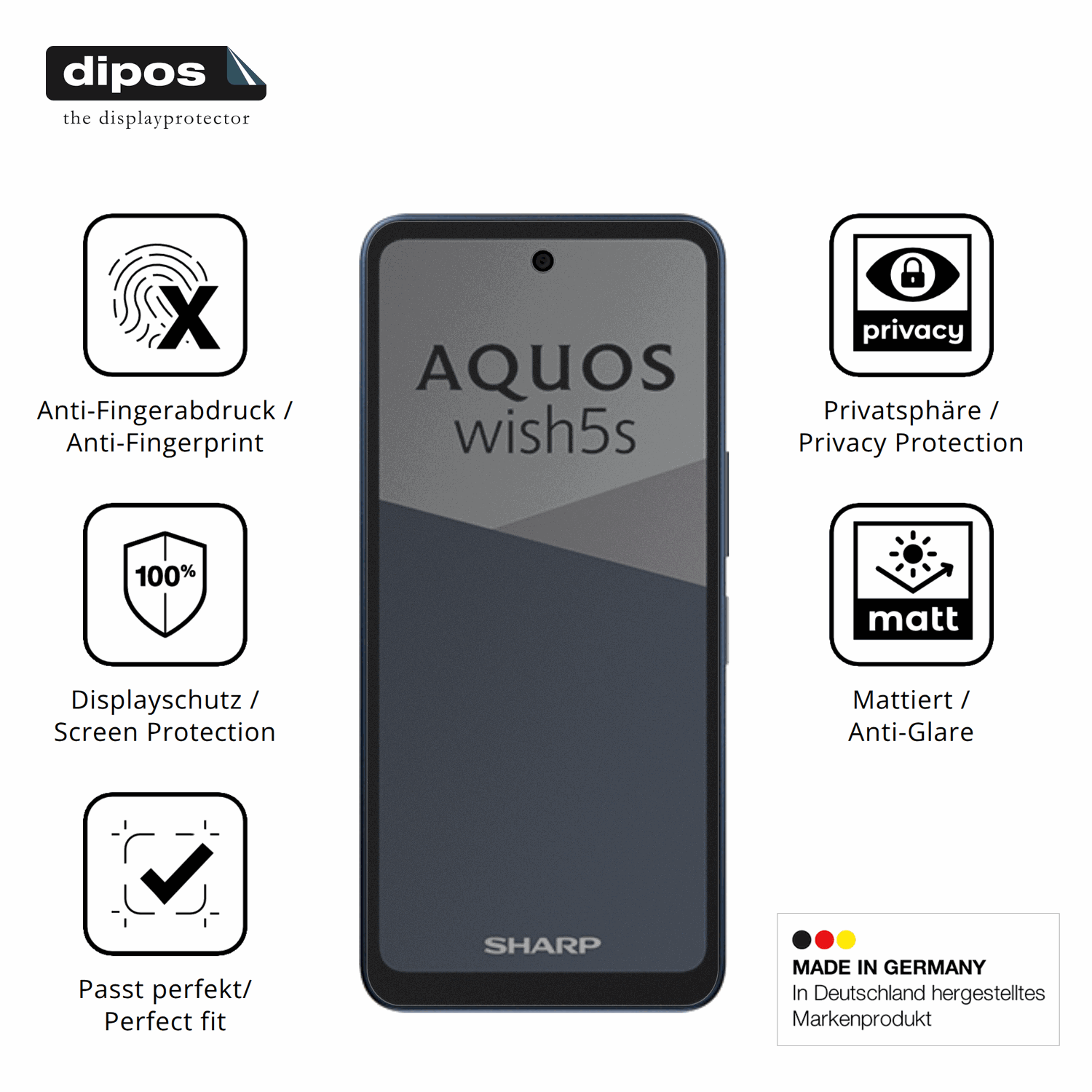 Privatsphäre-Schutz durch Sichtschutz-Folie passend zugeschnitten für Sharp Aquos wish5s