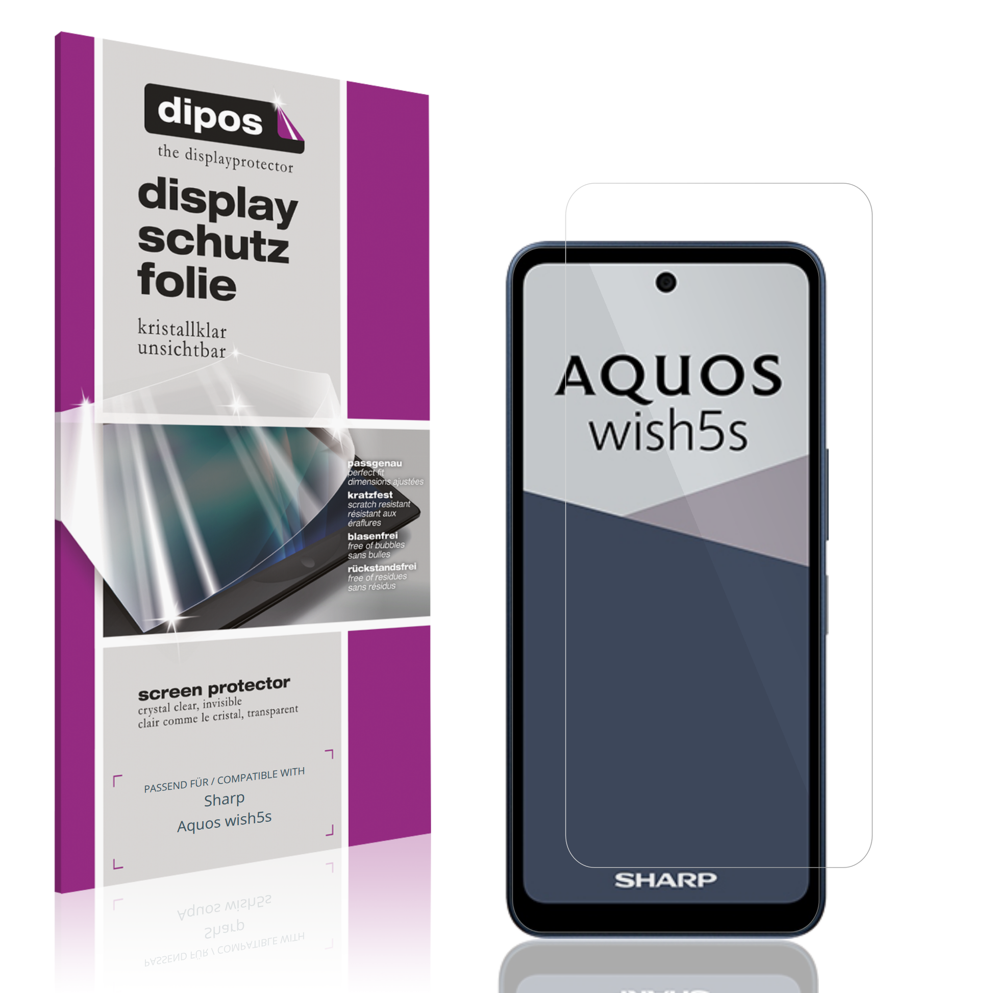 Klare Displayschutzfolie von dipos passend für Sharp Aquos wish5s, präziser Zuschnitt und blasenfrei montiert