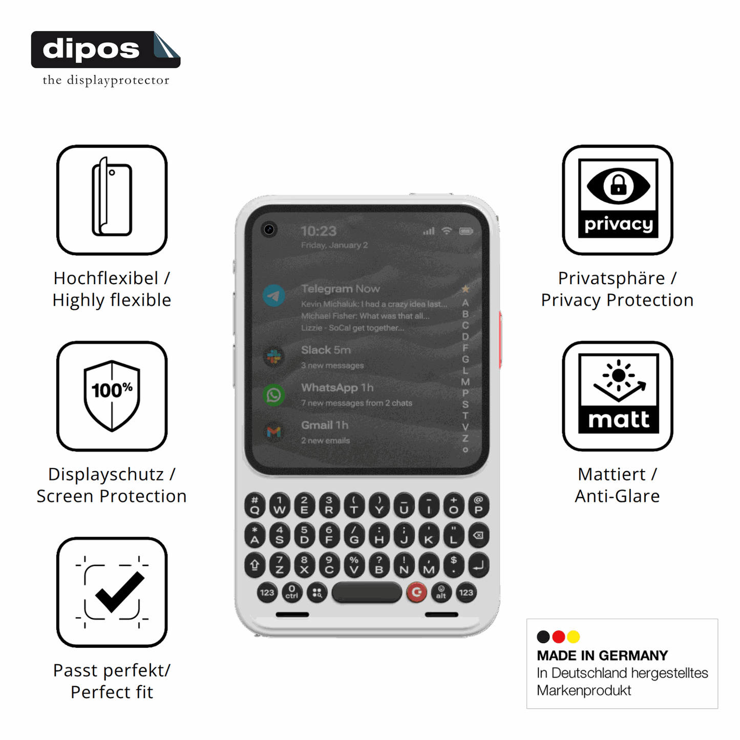 Flexible TPU-Folie passend zugeschnitten f�r Clicks Communicator, mit Privatsph�re-Schutz durch Sichtschutz-Folie