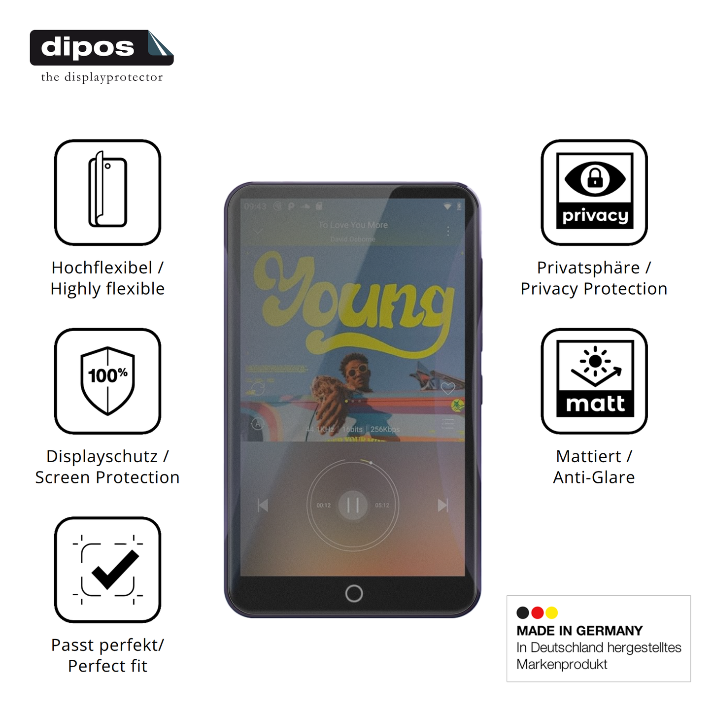 Flexible TPU-Folie passend zugeschnitten für Fanvace EU-M31 MP3-Player, mit Privatsphäre-Schutz durch Sichtschutz-Folie
