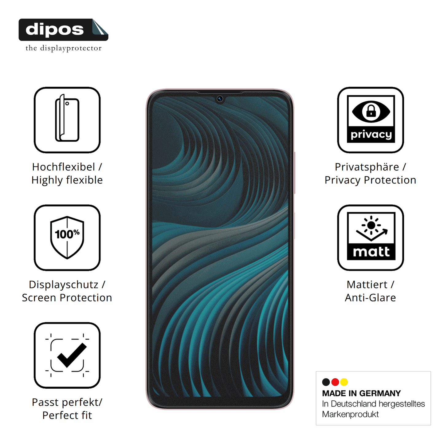 Flexible TPU-Folie passend zugeschnitten für HMD Vibe2 5G, mit Privatsphäre-Schutz durch Sichtschutz-Folie