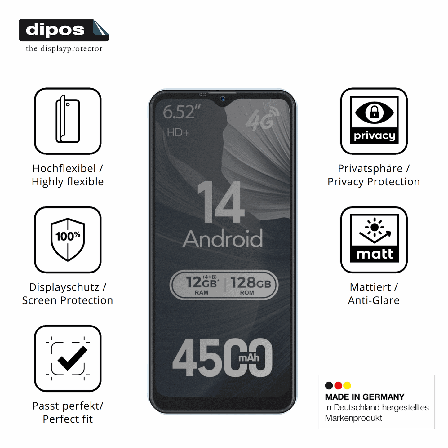 Flexible TPU-Folie passend zugeschnitten für invens Note TK02, mit Privatsphäre-Schutz durch Sichtschutz-Folie