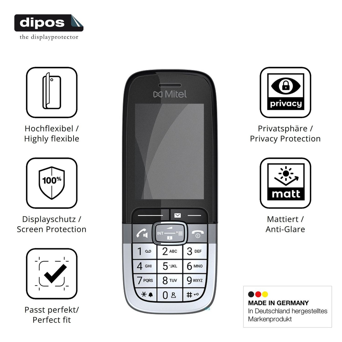Flexible TPU-Folie passend zugeschnitten für Mitel OpenScape DECT Phone SL7, mit Privatsphäre-Schutz durch Sichtschutz-Folie
