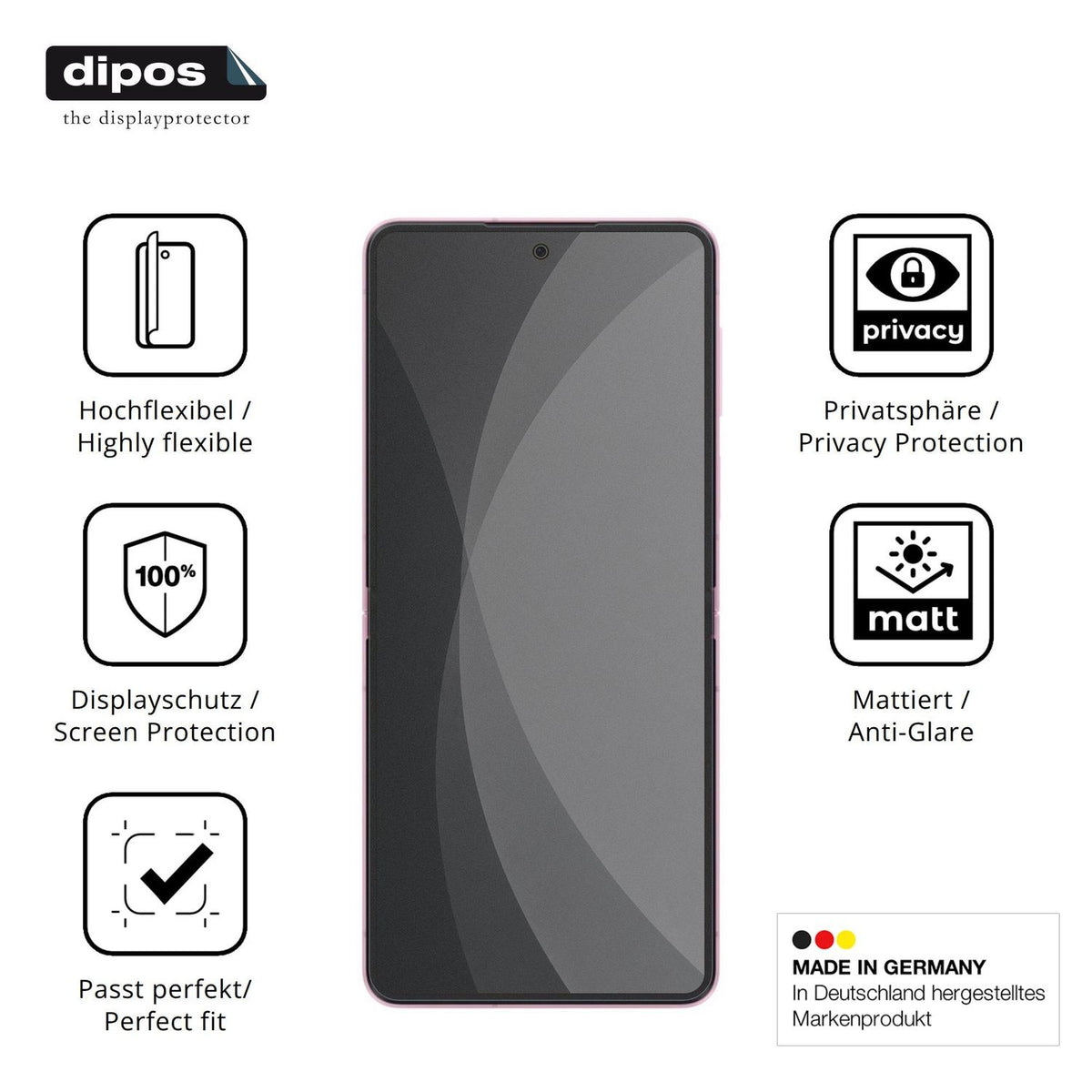 Flexible TPU-Folie passend zugeschnitten für Samsung Galaxy Z Flip8 Innenseite, mit Privatsphäre-Schutz durch Sichtschutz-Folie