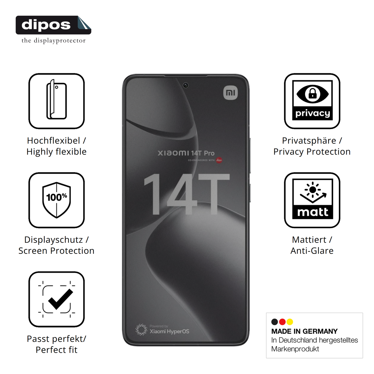 Flexible TPU-Folie passend zugeschnitten für Xiaomi 14T Pro, mit Privatsphäre-Schutz durch Sichtschutz-Folie