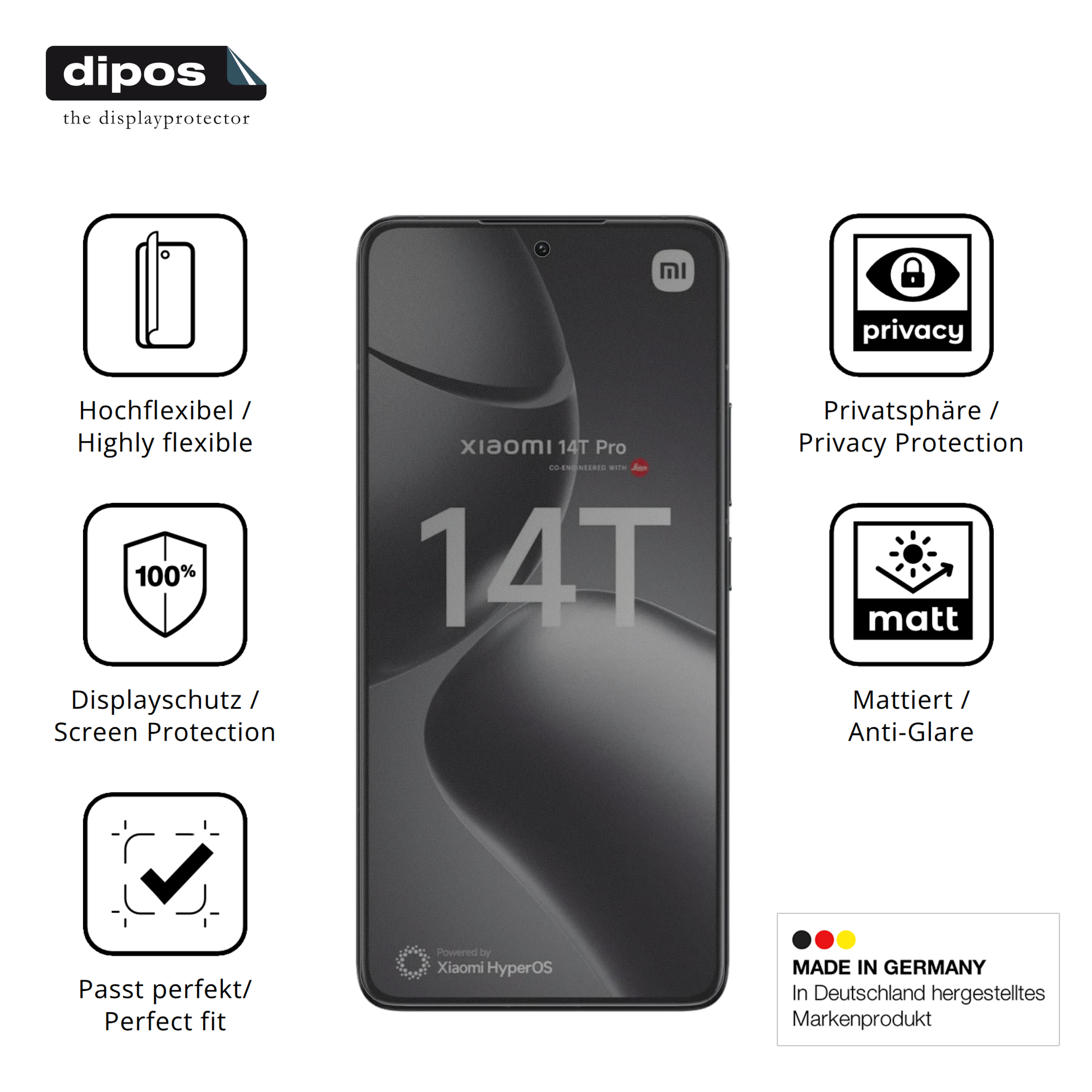 Flexible TPU-Folie passend zugeschnitten für Xiaomi 14T Pro, mit Privatsphäre-Schutz durch Sichtschutz-Folie