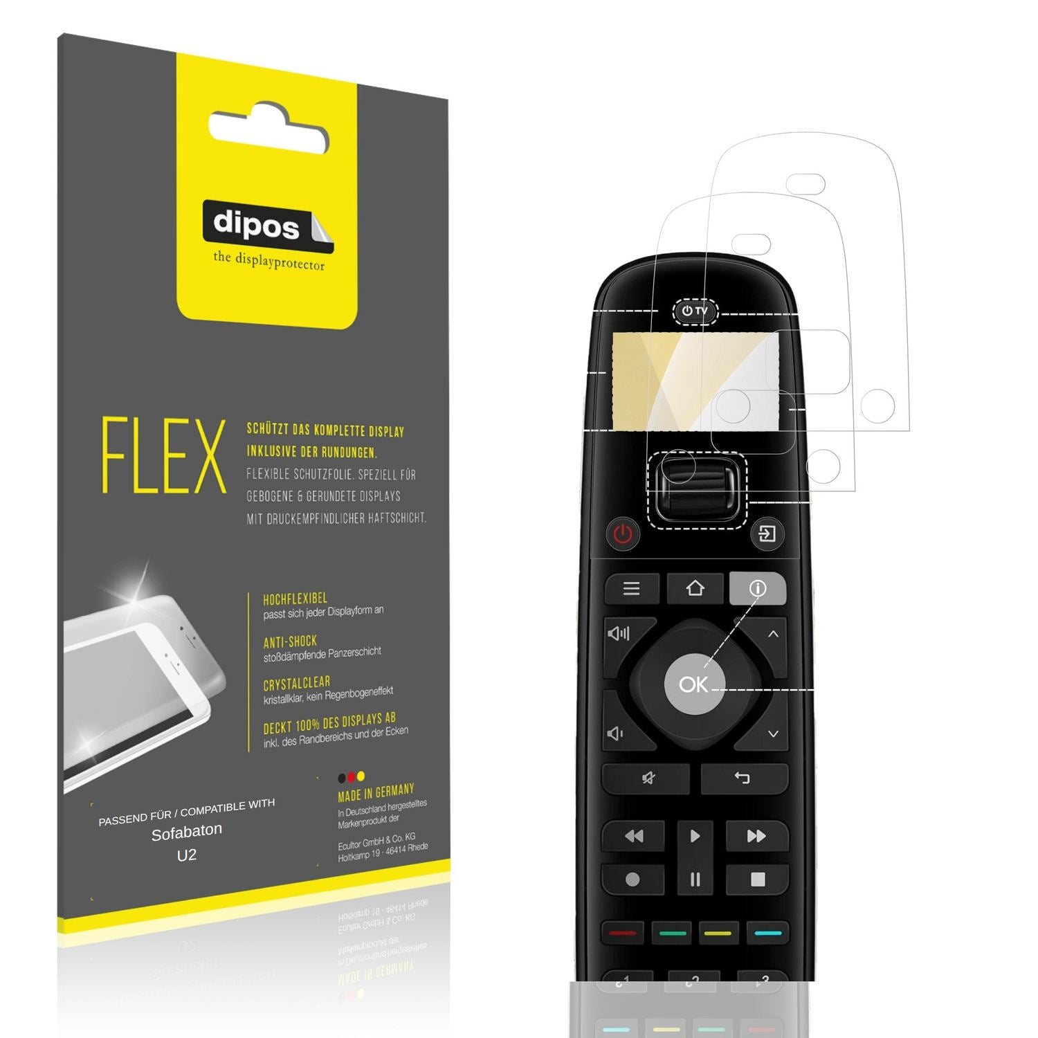 Klare Displayschutzfolie von dipos passend für Sofabaton U2, 100% Displayabdeckung und blasenfreie Montage