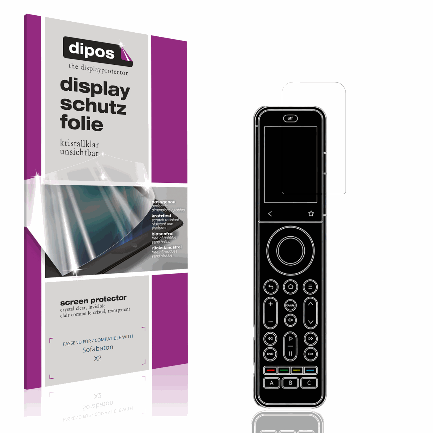 Klare Displayschutzfolie von dipos passend für Sofabaton X2, präziser Zuschnitt und blasenfrei montiert