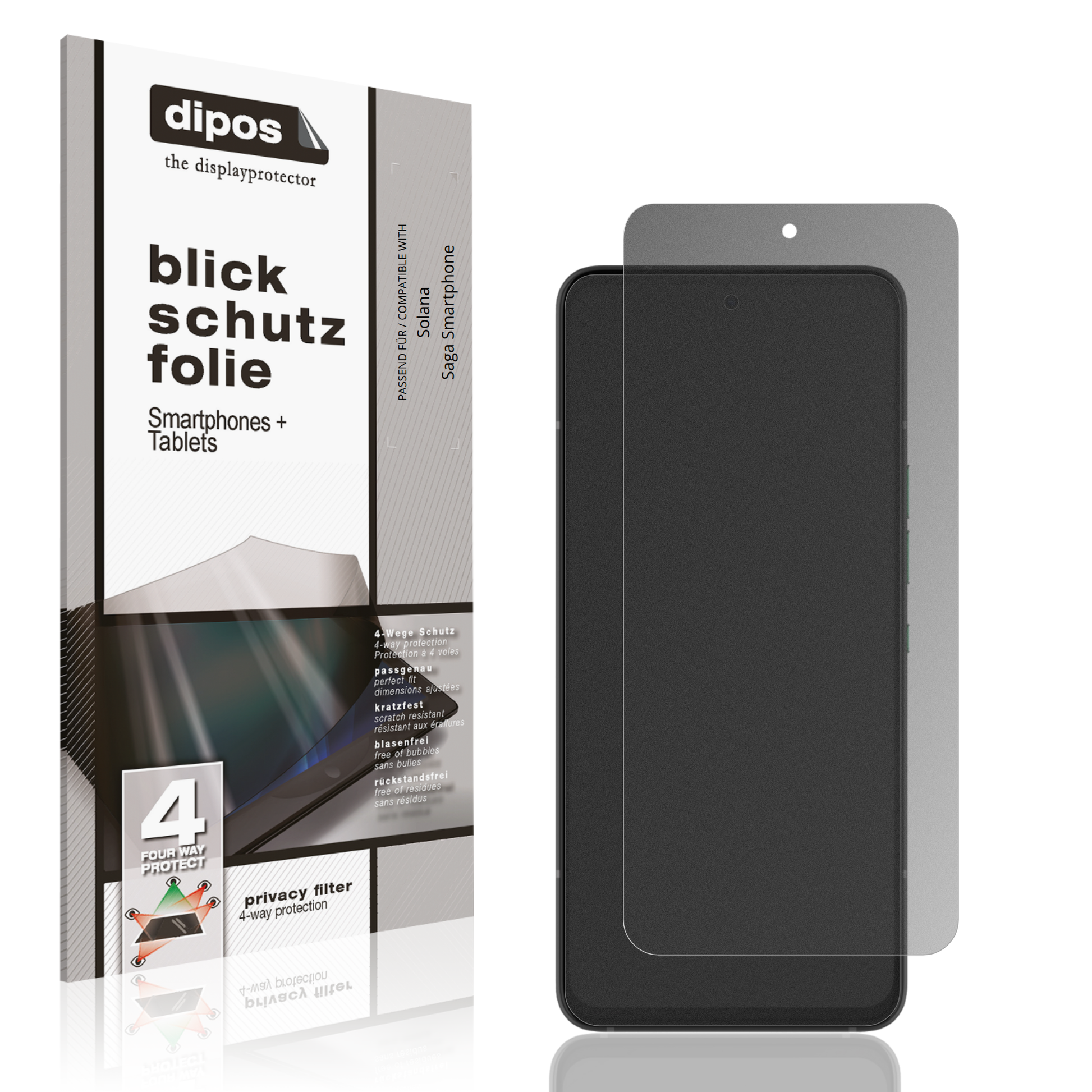 Blickschutzfolie von dipos passend für Solana Saga Smartphone, präziser Zuschnitt und blasenfrei montiert