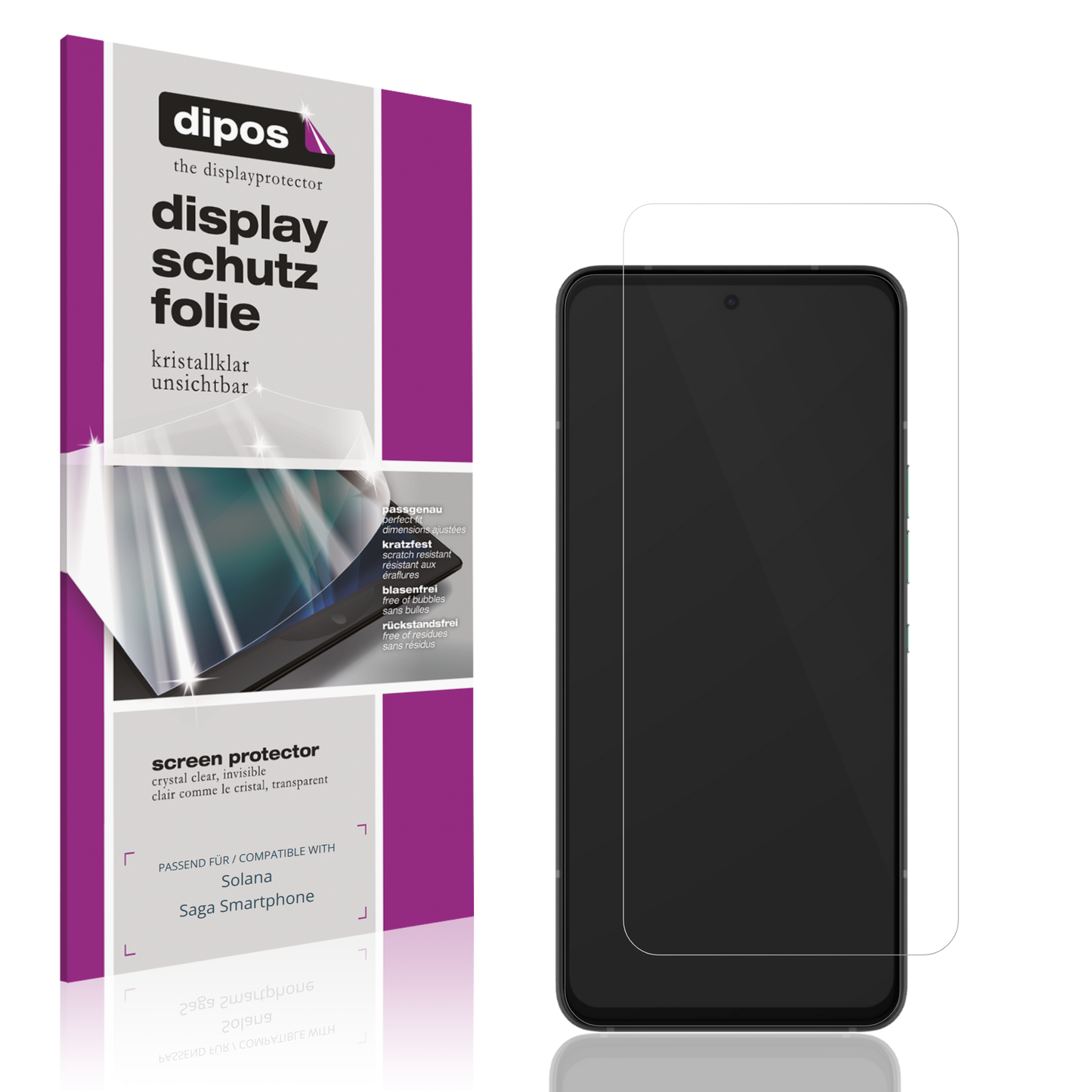 Klare Displayschutzfolie von dipos passend für Solana Saga Smartphone, präziser Zuschnitt und blasenfrei montiert