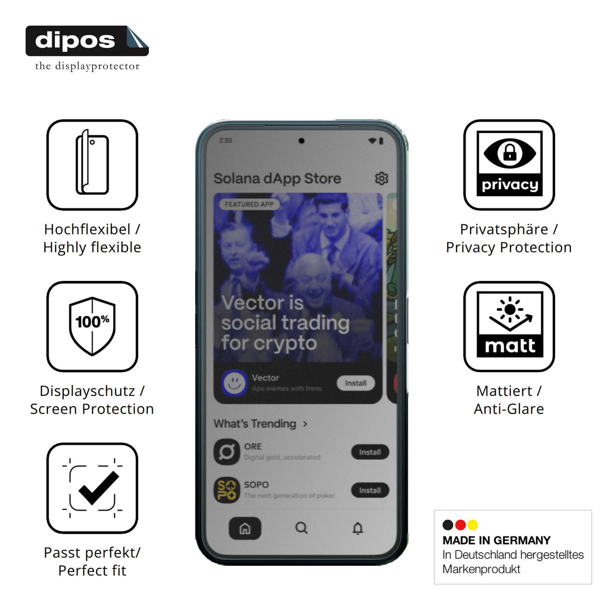 Flexible TPU-Folie passend zugeschnitten für Solana Saga Smartphone Seeker, mit Privatsphäre-Schutz durch Sichtschutz-Folie