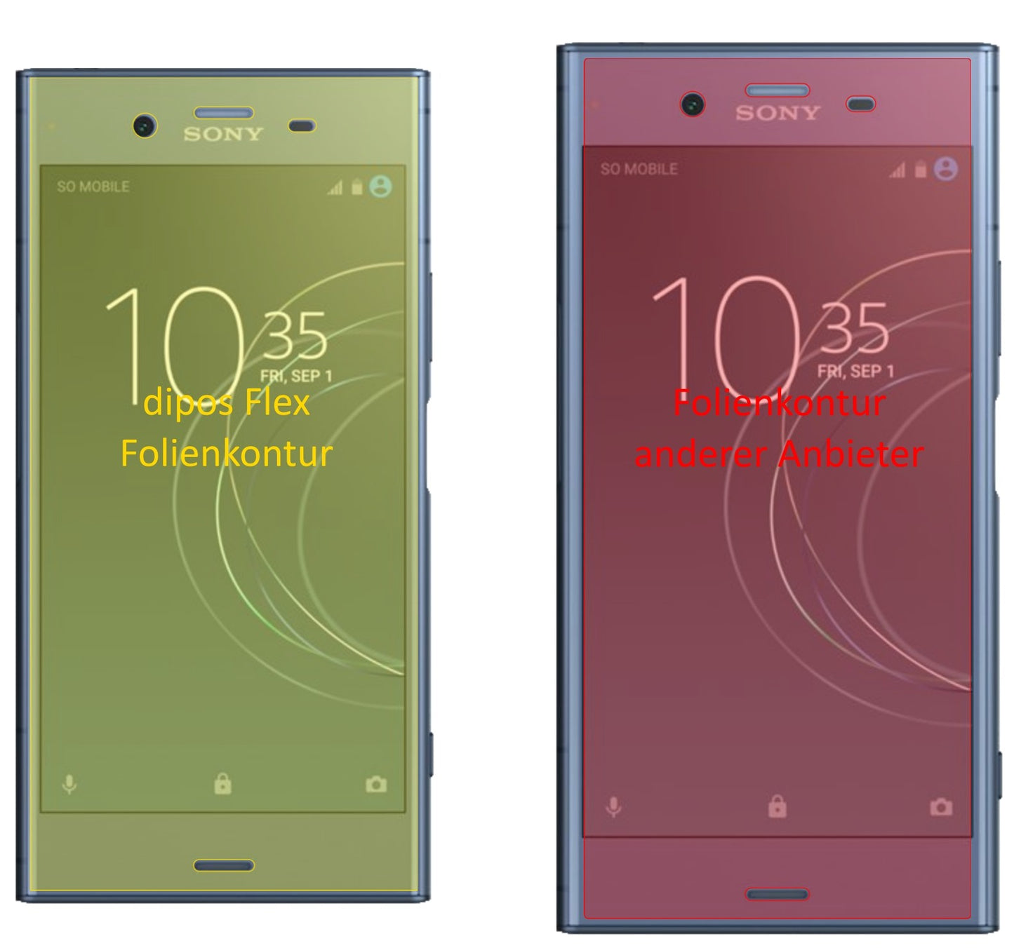 SonyXperia XZ1 mit aufgebrachter dipos Displayschutzfolie, glasklare Darstellung ohne Einschränkungen