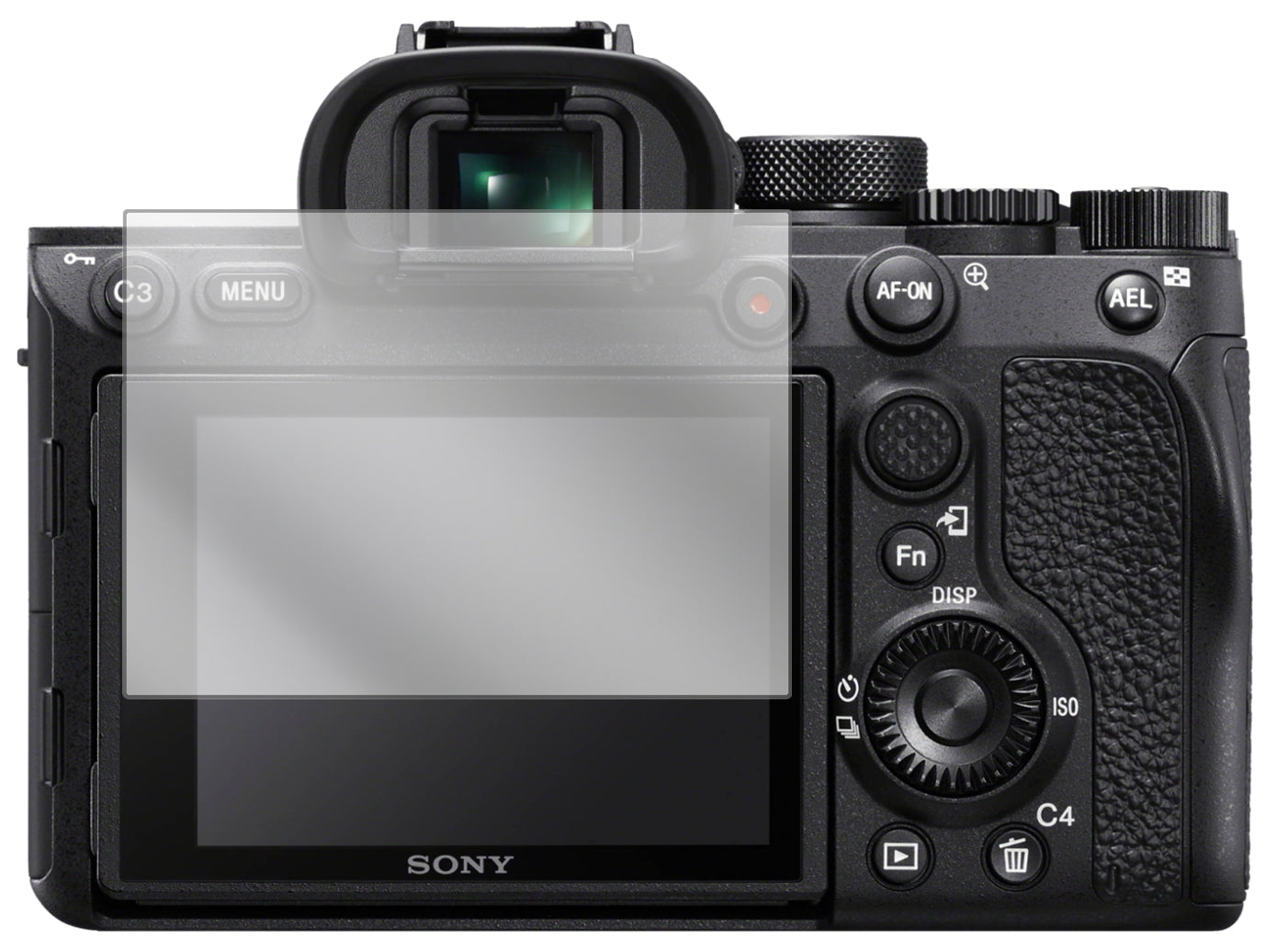 SonyA7R IV mit aufgebrachter dipos Displayschutzfolie, glasklare Darstellung ohne Einschränkungen