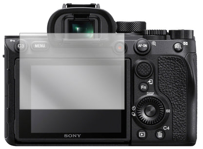 SonyA7R IV mit aufgebrachter dipos Displayschutzfolie, glasklare Darstellung ohne Einschränkungen