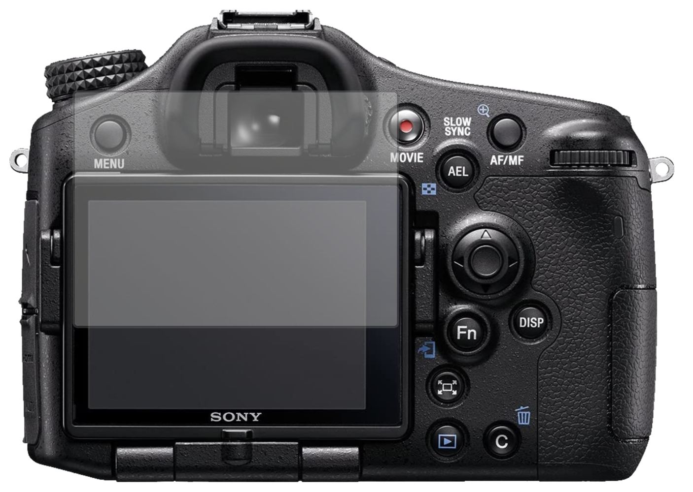 SonyAlpha 77 II mit aufgebrachter dipos Displayschutzfolie, die lästige Fingerabdrücke minimiert