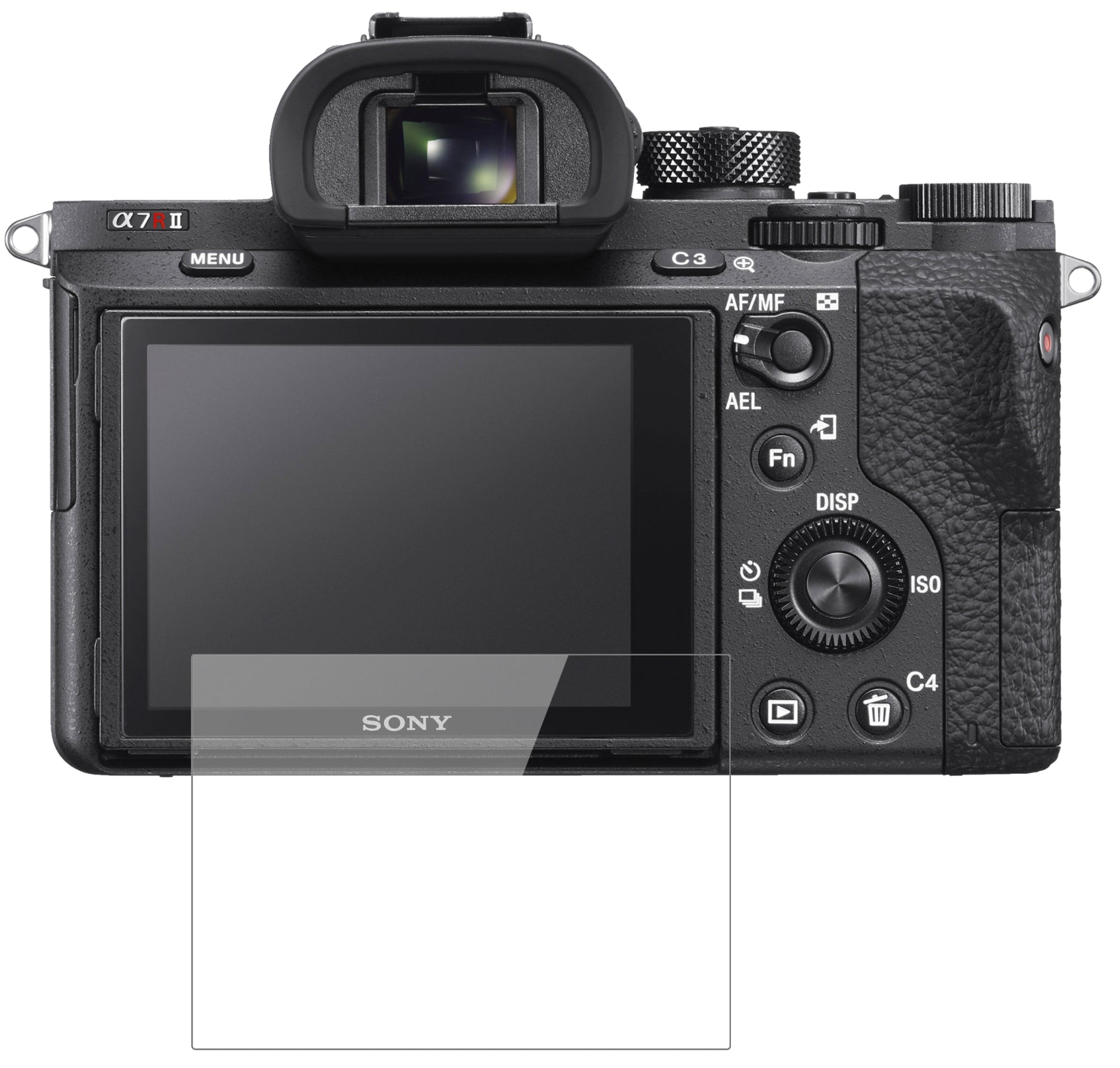 SonyAlpha 7R II mit aufgebrachter dipos Flex Schutzfolie, glasklare Darstellung ohne Einschränkungen