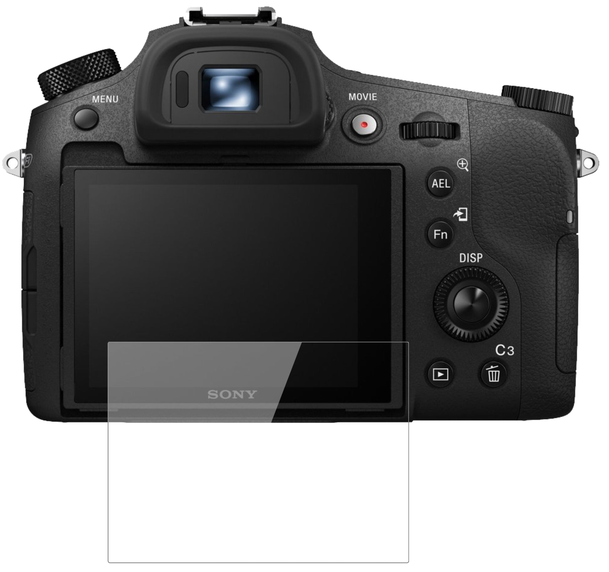 SonyCyber-Shot DSC-RX10 mit aufgebrachter dipos Flex Schutzfolie, glasklare Darstellung ohne Einschränkungen