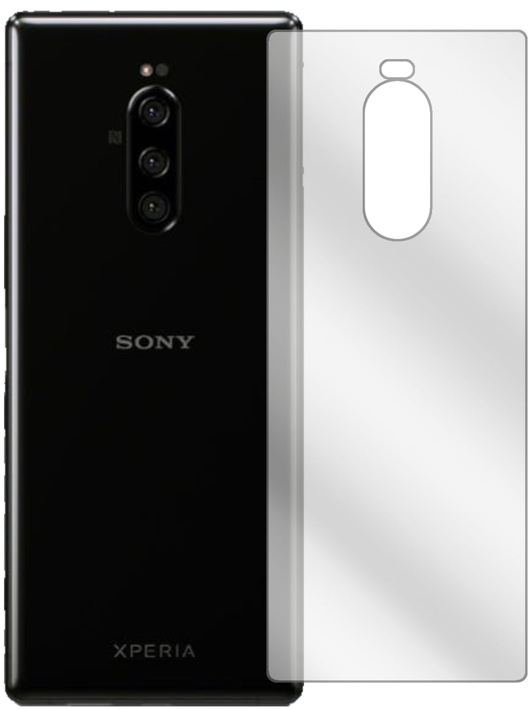 SonyXperia 1 Rückseite mit aufgebrachter dipos Displayschutzfolie, glasklare Darstellung ohne Einschränkungen