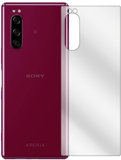 SonyXperia 5 Rückseite mit aufgebrachter dipos Displayschutzfolie, glasklare Darstellung ohne Einschränkungen