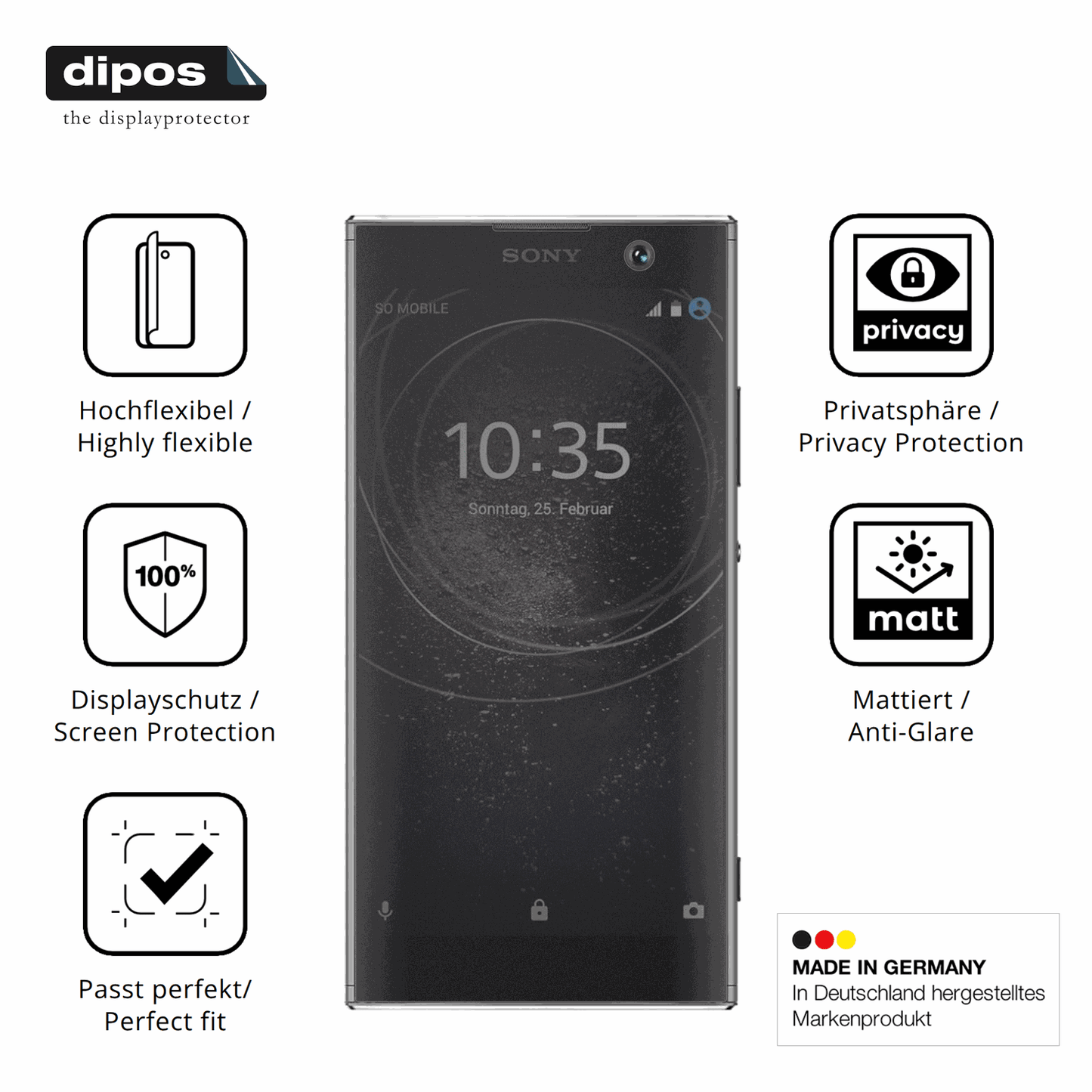 Flexible TPU-Folie passend zugeschnitten für Sony Xperia XA2, mit Privatsphäre-Schutz durch Sichtschutz-Folie