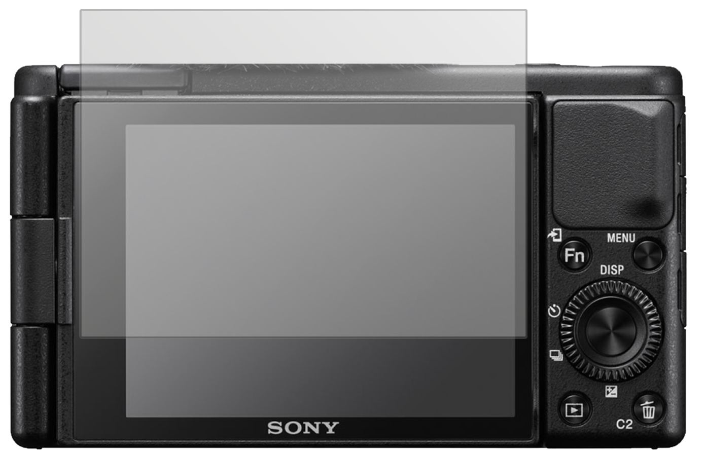 SonyZV-1 mit aufgebrachter dipos Displayschutzfolie, die lästige Fingerabdrücke minimiert