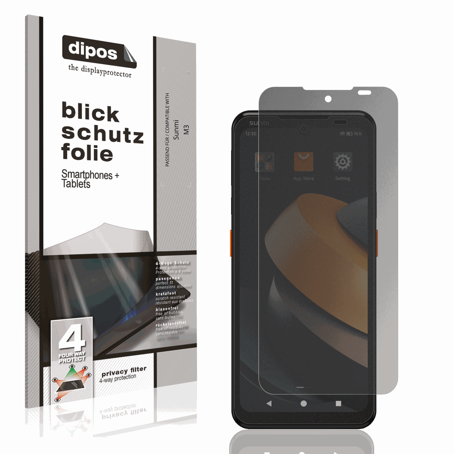 Blickschutzfolie von dipos passend für Sunmi M3, präziser Zuschnitt und blasenfrei montiert
