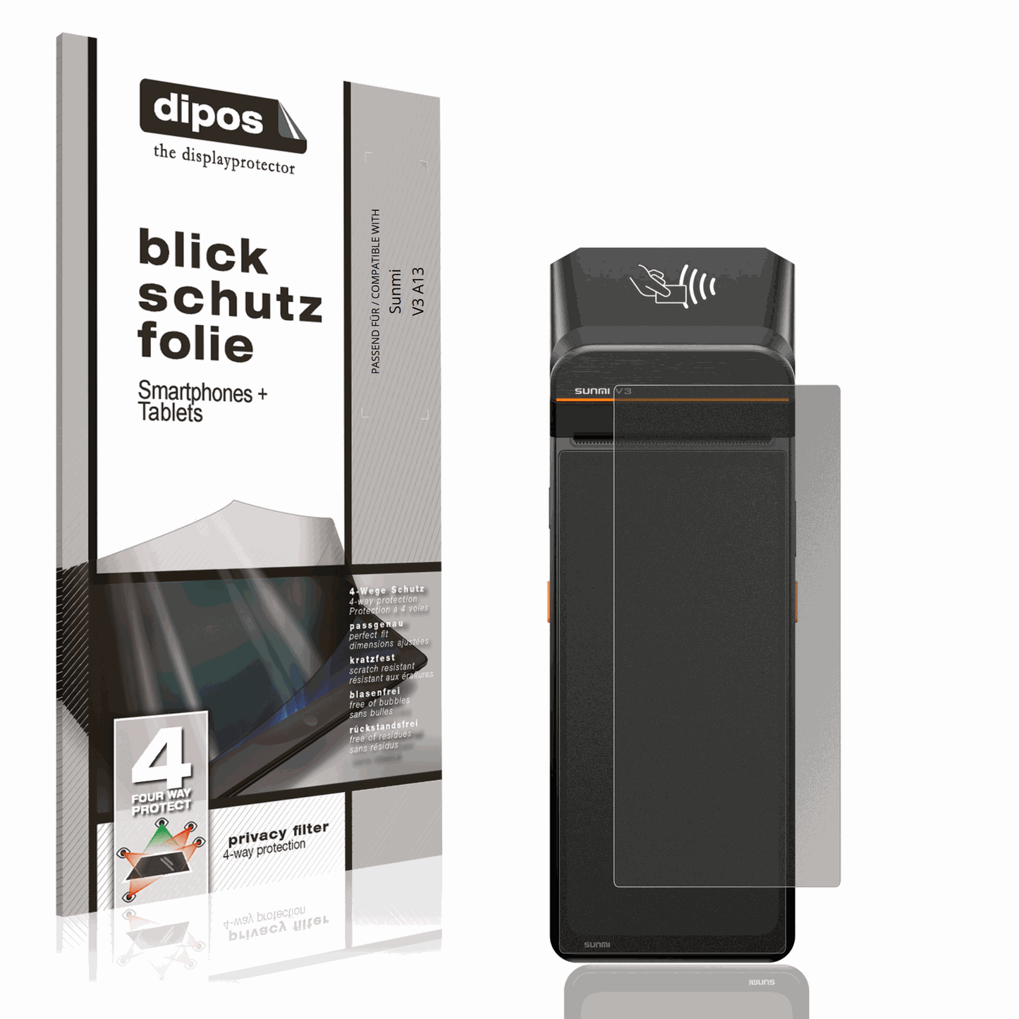 Blickschutzfolie von dipos passend für Sunmi V3 A13, präziser Zuschnitt und blasenfrei montiert