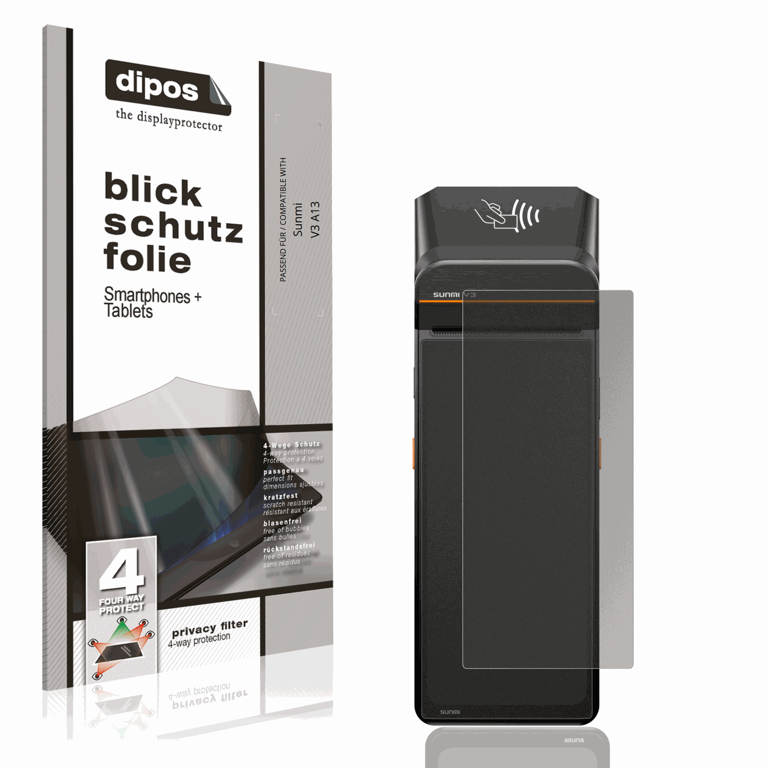 Blickschutzfolie von dipos passend für Sunmi V3 A13, präziser Zuschnitt und blasenfrei montiert