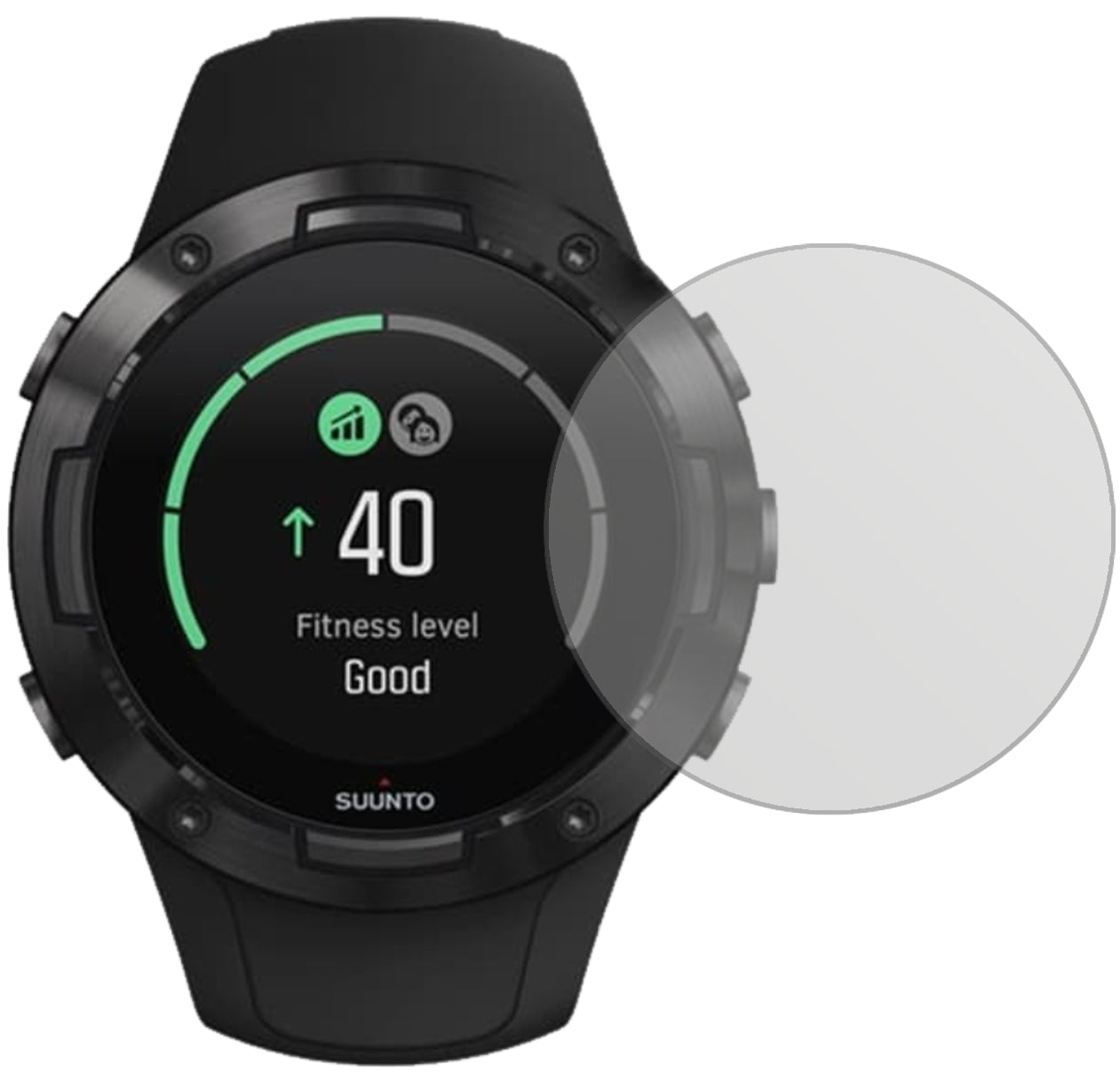 Suunto5 mit aufgebrachter dipos Displayschutzfolie, die lästige Fingerabdrücke minimiert
