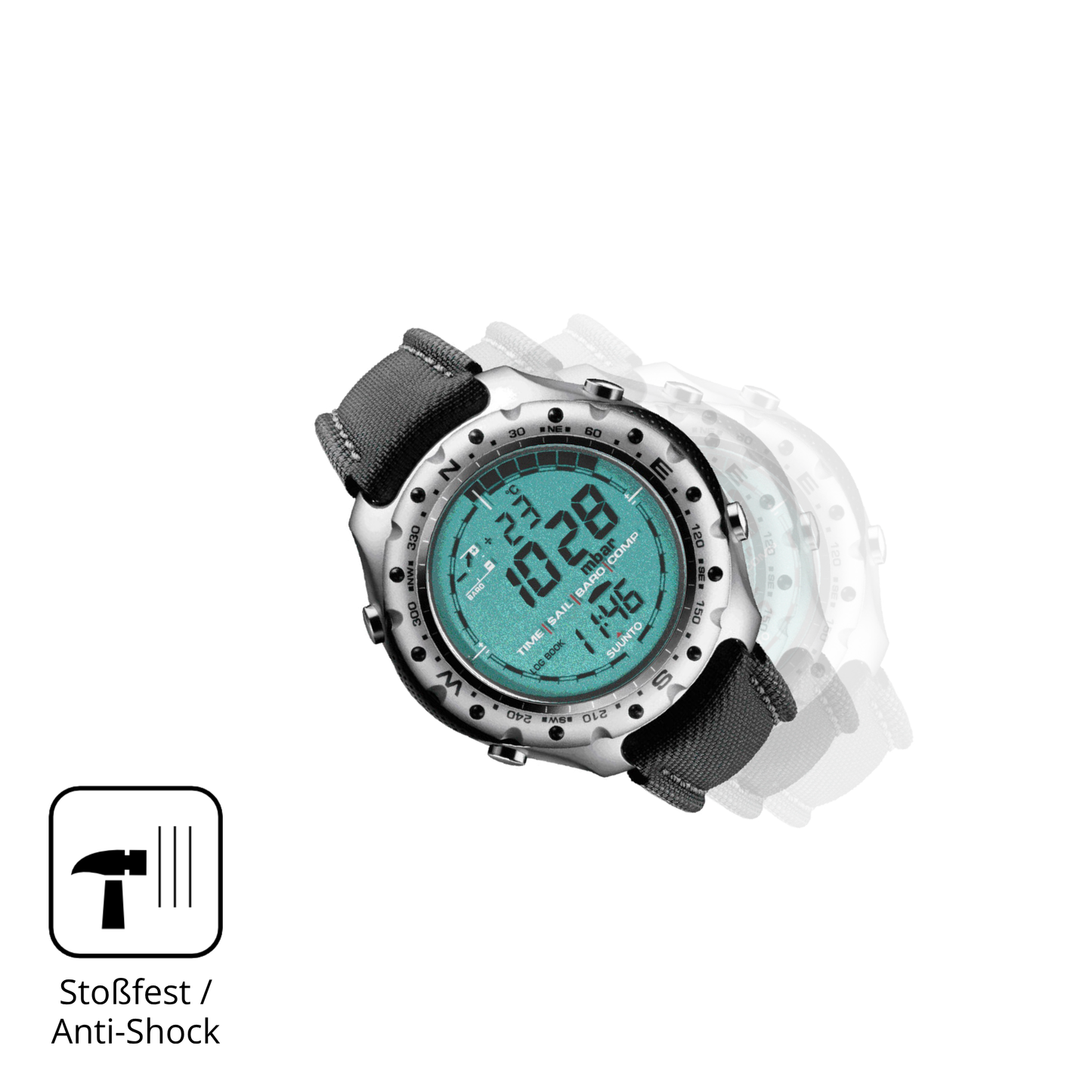 Schutz gegen Kratzer auf dem Suunto Regatta Glas durch Schlüssel, Stöße gegen die Tischkante oder Stürze