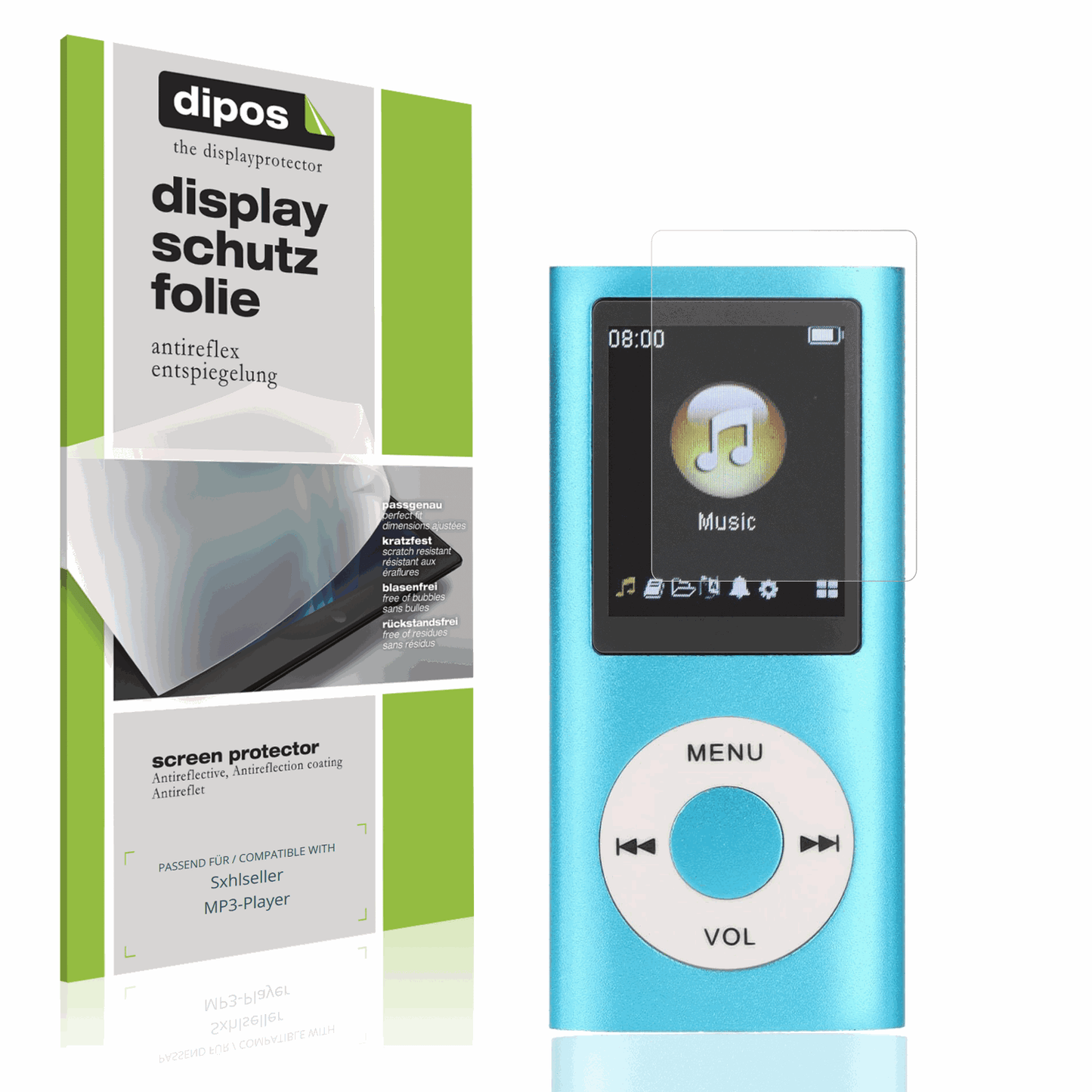 Matte Displayschutzfolie von dipos passend für Sxhlseller MP3-Player, präziser Zuschnitt und blasenfrei montiert