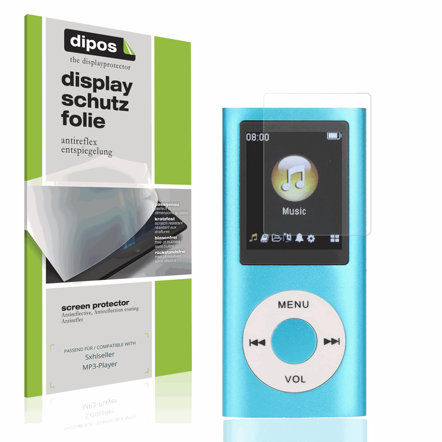 Matte Displayschutzfolie von dipos passend für Sxhlseller MP3-Player, präziser Zuschnitt und blasenfrei montiert