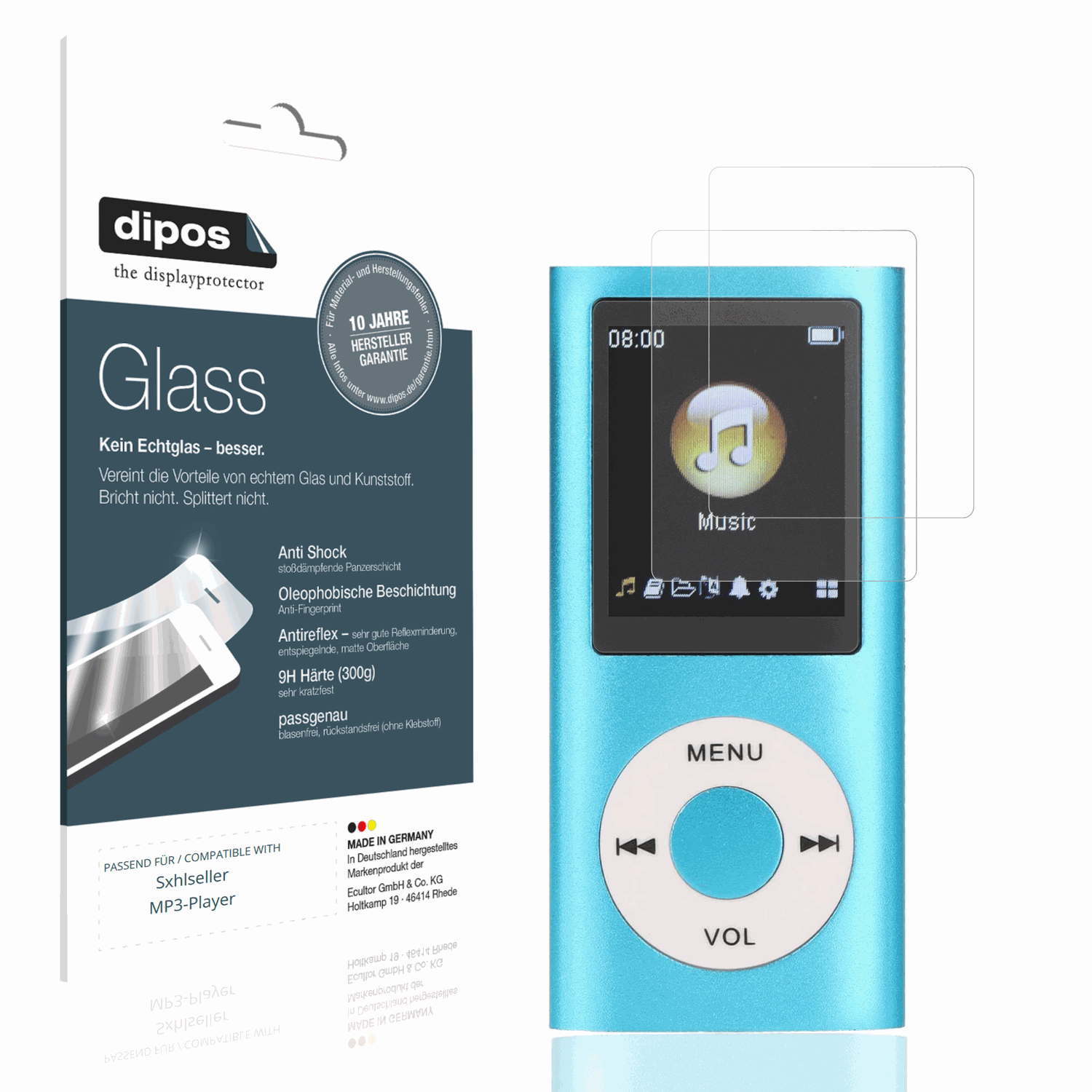 Matte Displayschutzfolie von dipos passend für Sxhlseller MP3-Player, 9H kratzfest und blasenfrei montiert