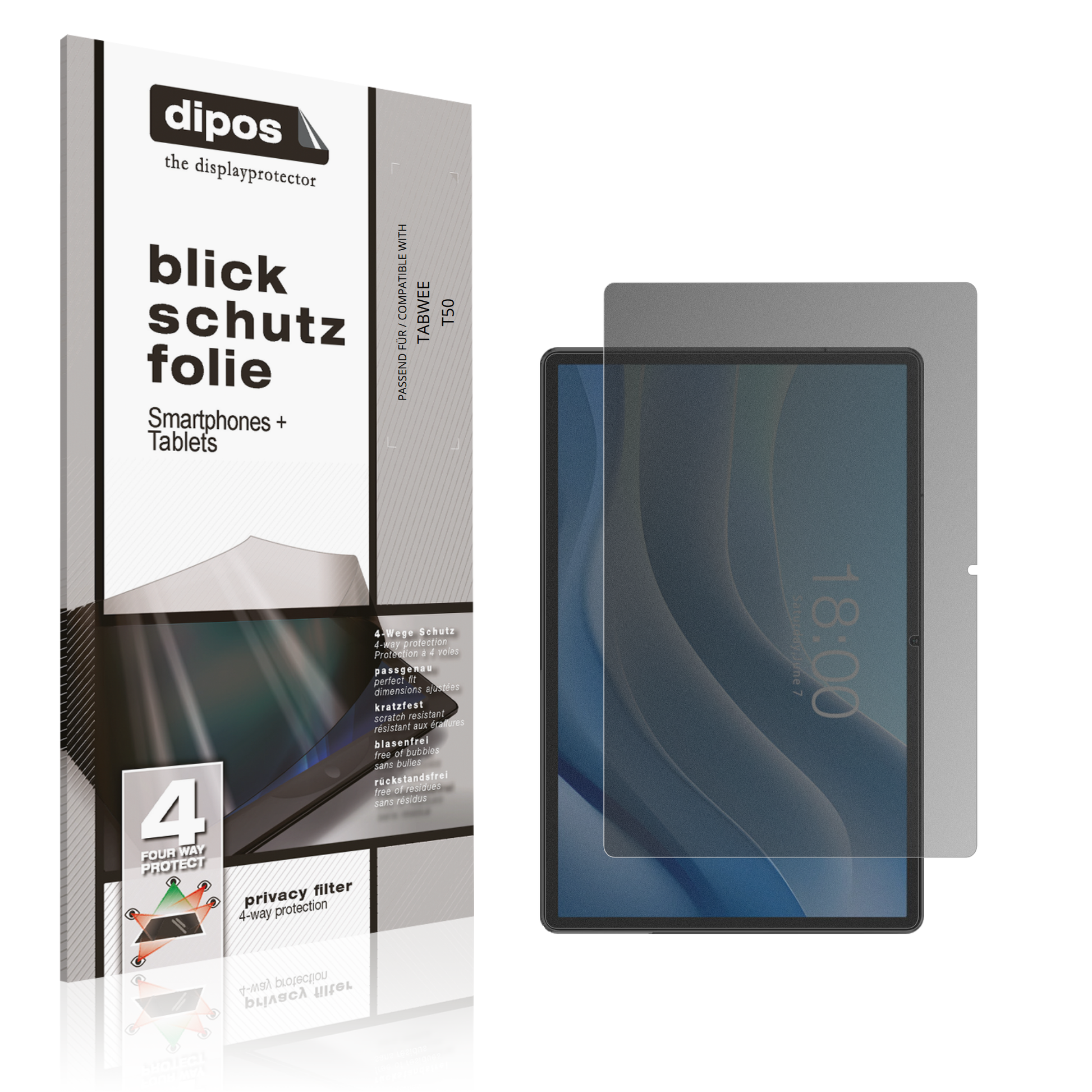Blickschutzfolie von dipos passend für TABWEE T50, präziser Zuschnitt und blasenfrei montiert