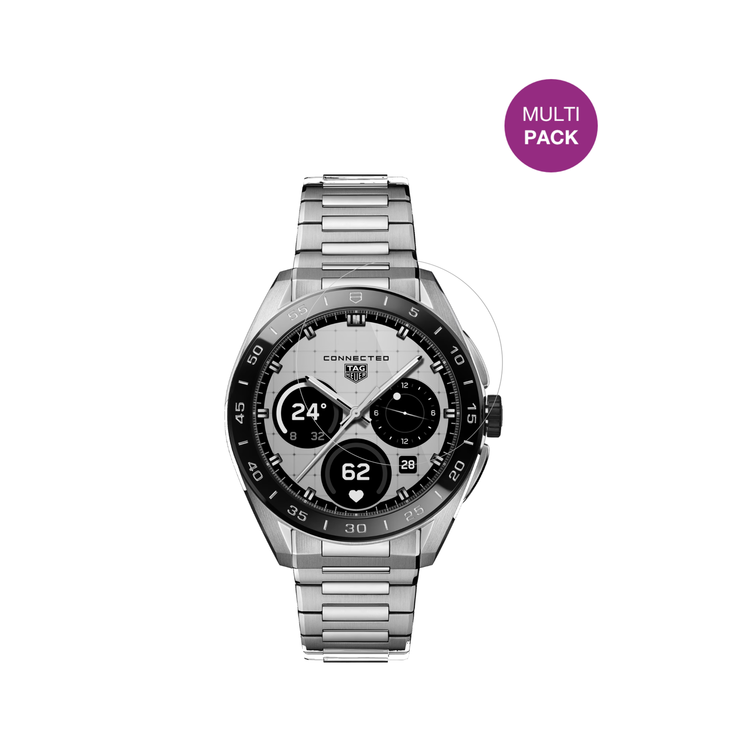 tagheuer connected calibre e5 mit aufgebrachter dipos Displayschutzfolie, glasklare Darstellung ohne Einschränkungen