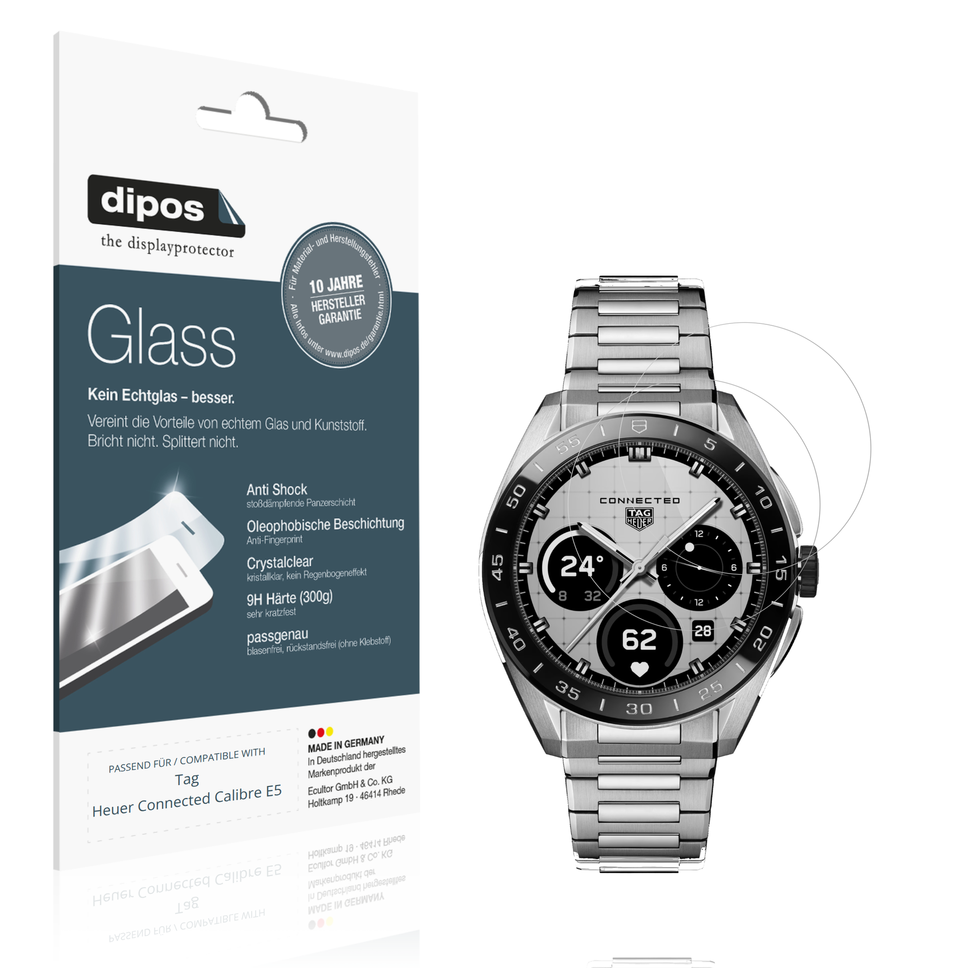 Klare Displayschutzfolie von dipos passend für tagheuer connected calibre e5, 9H kratzfest und blasenfrei montiert