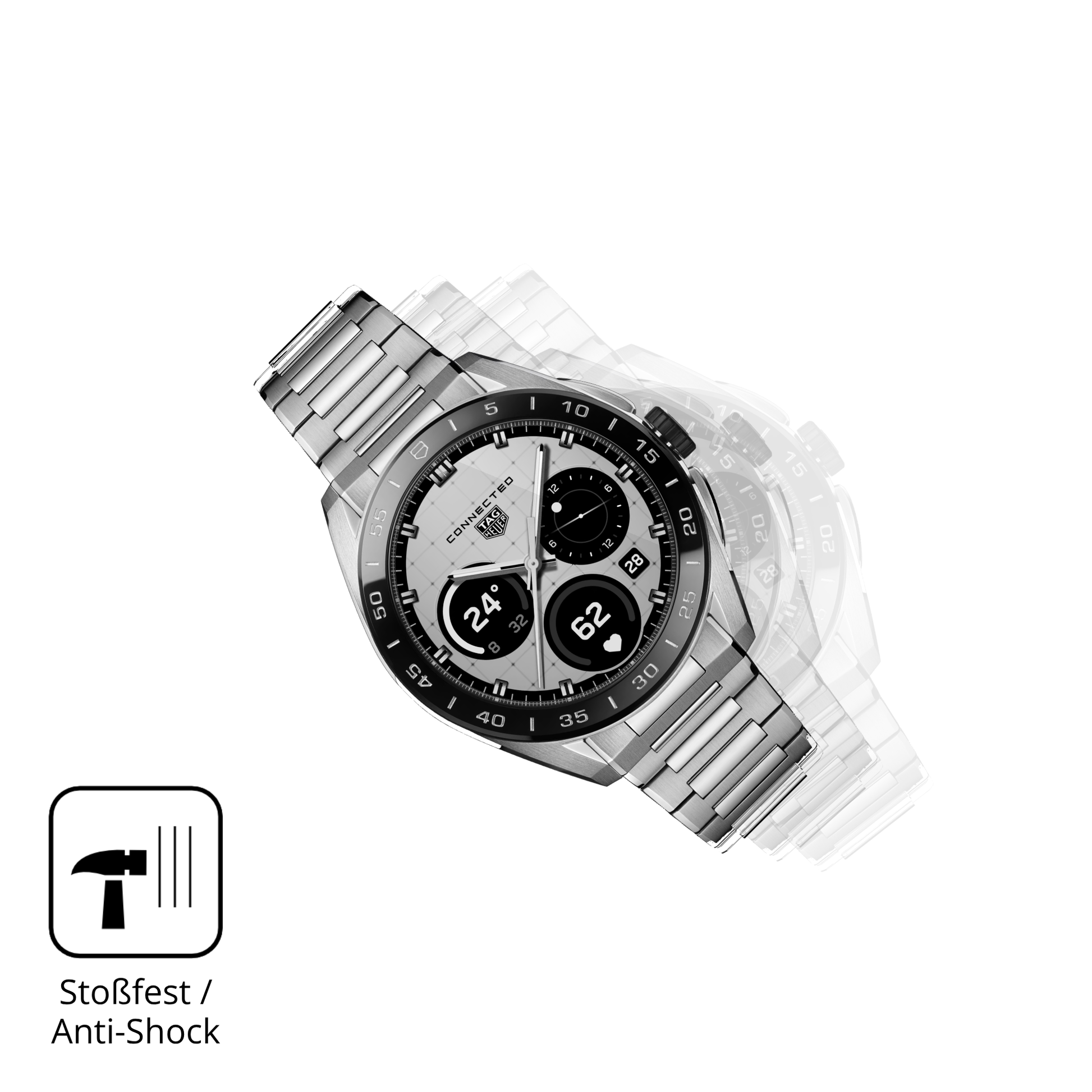 Schutz gegen Kratzer auf dem tagheuer connected calibre e5 Glas durch Schlüssel, Stöße gegen die Tischkante oder Stürze