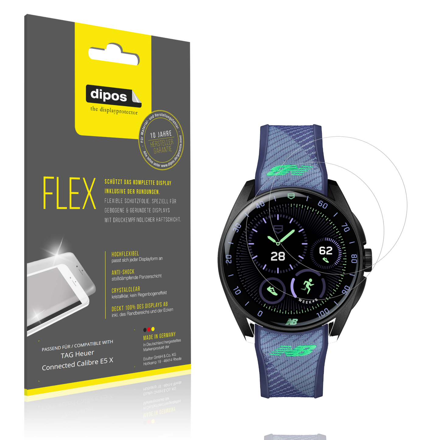 Klare Displayschutzfolie von dipos passend für TAG Heuer Connected Calibre E5 X, 100% Displayabdeckung und blasenfreie Montage